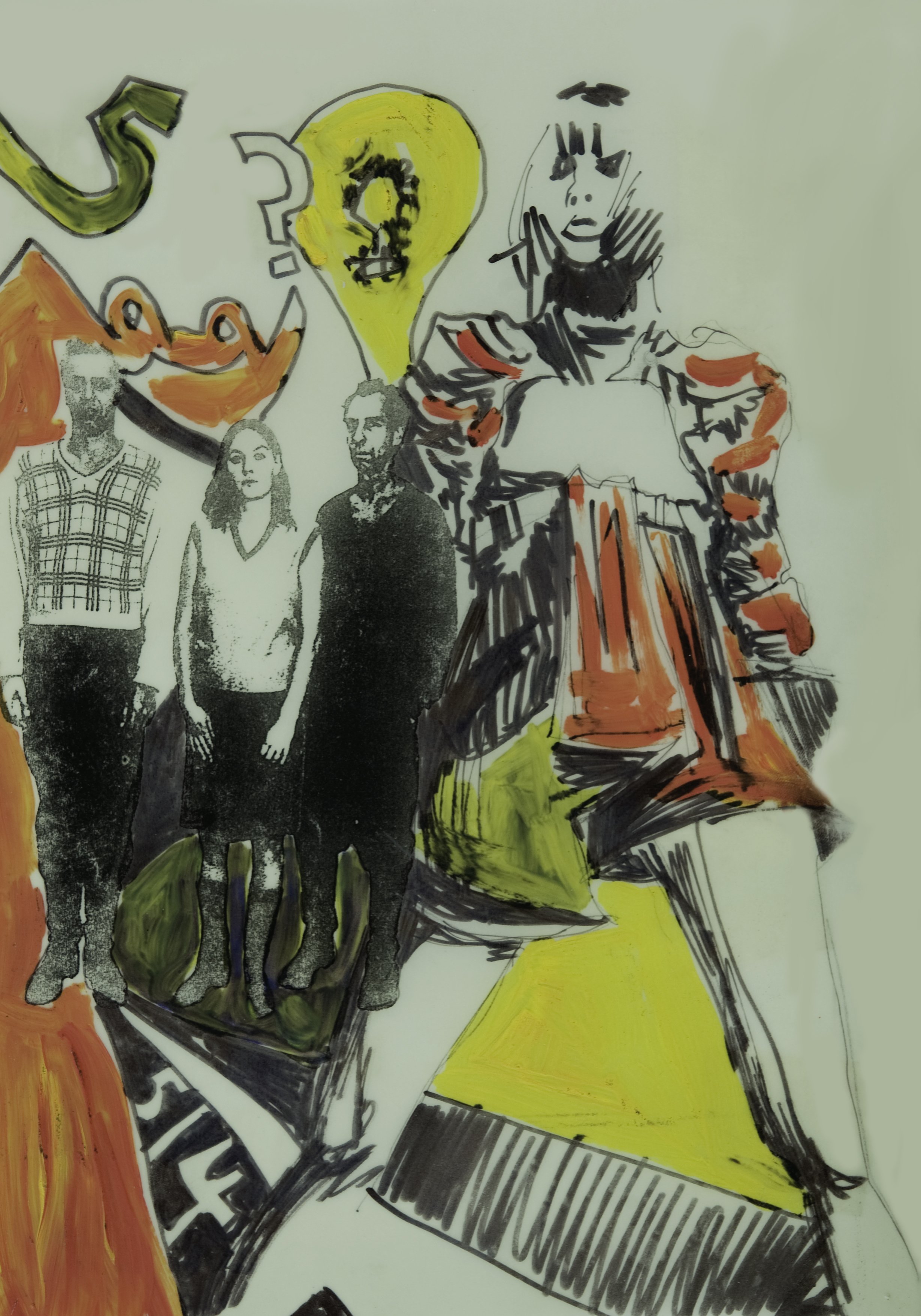 A mixed media artwork featuring a group of three outlined people in black and white, with a larger figure in the background wearing a colorful outfit, and speech or thought bubbles, one with a question mark and another with a dollar sign, along with 