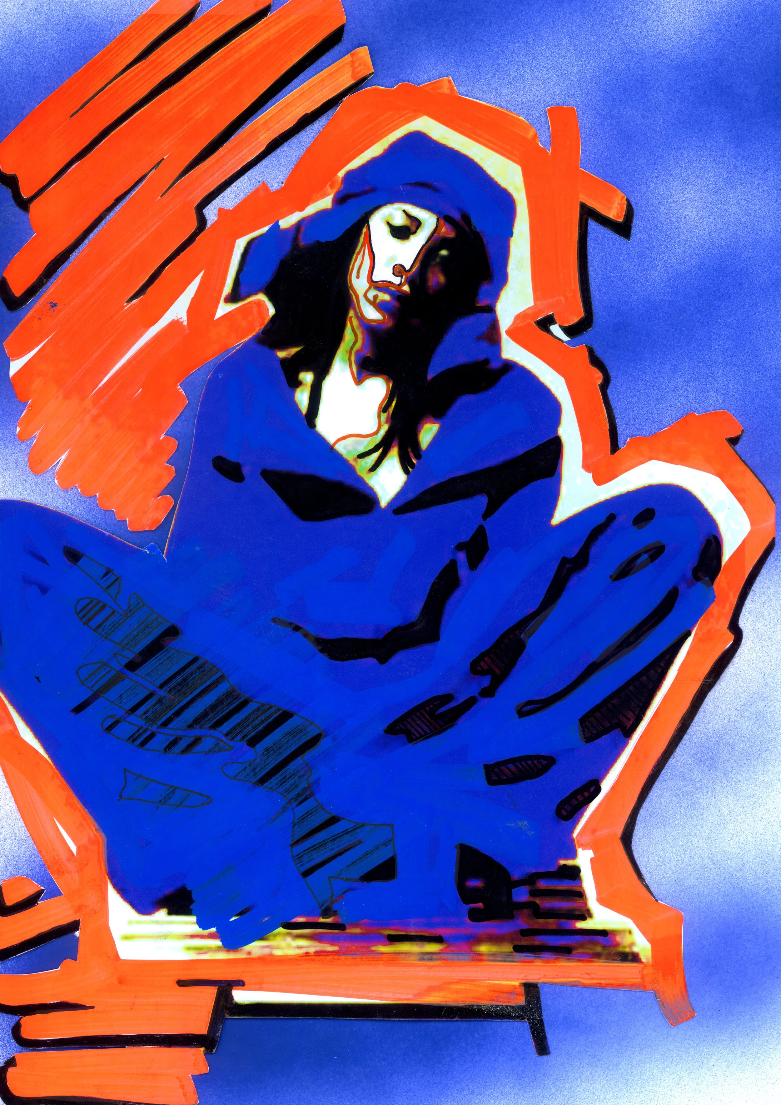 Stylized artwork of a person with long hair wearing a hooded jacket, with a guitar, featuring bold colors and abstract lines, on a blue background.