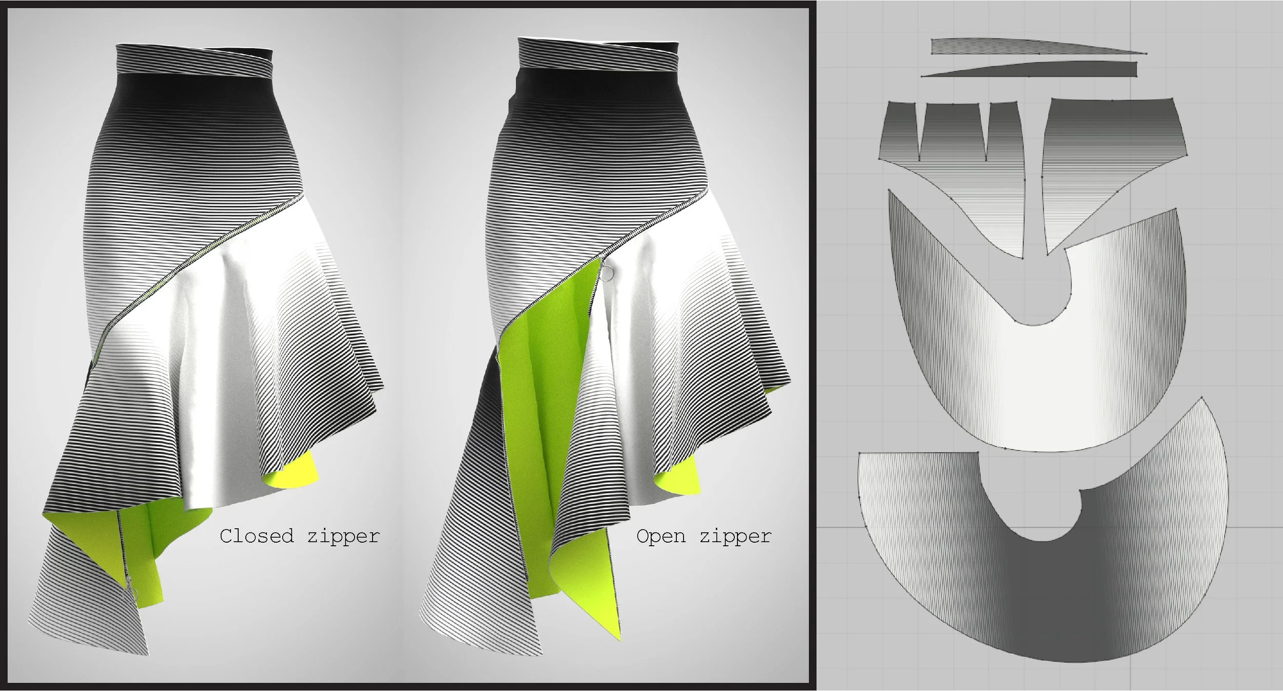 Comparison of a skirt with a closed zipper on the left and with an open zipper on the right, showing the interior lining in bright green.