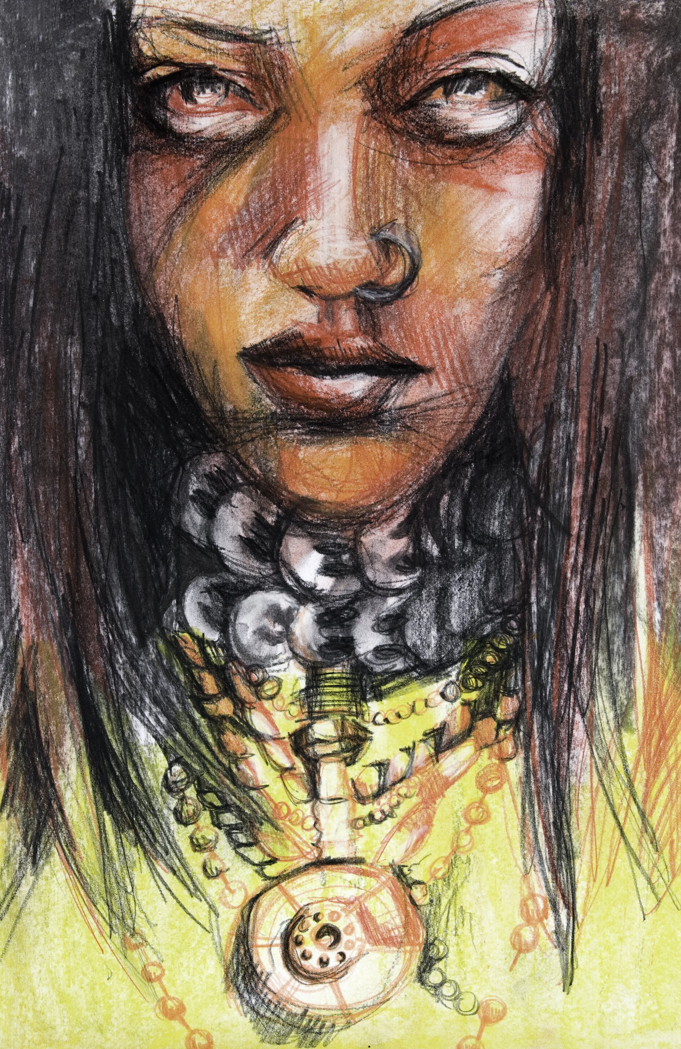 A sketch of a woman with dark hair and piercing eyes, wearing multiple layered necklaces with large pendants, including a telephone-shaped pendant, and a yellow top.