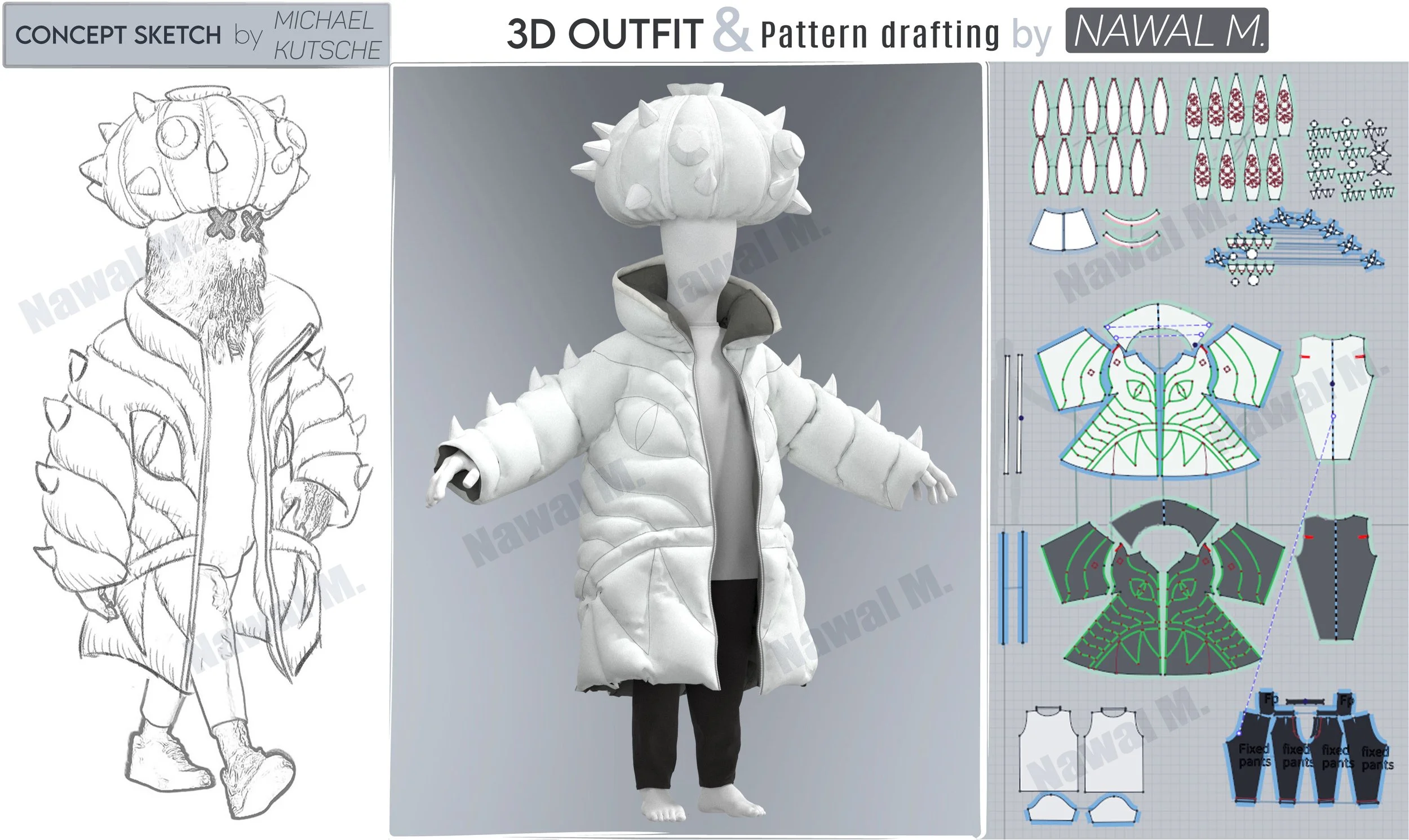 Concept sketch, 3D outfit, and pattern drafting of anthropomorphic creature with a large, spiked head and a furry face, wearing a puffy, spiked jacket. The image includes a 3D visual of the character and detailed pattern pieces for the jacket and pan