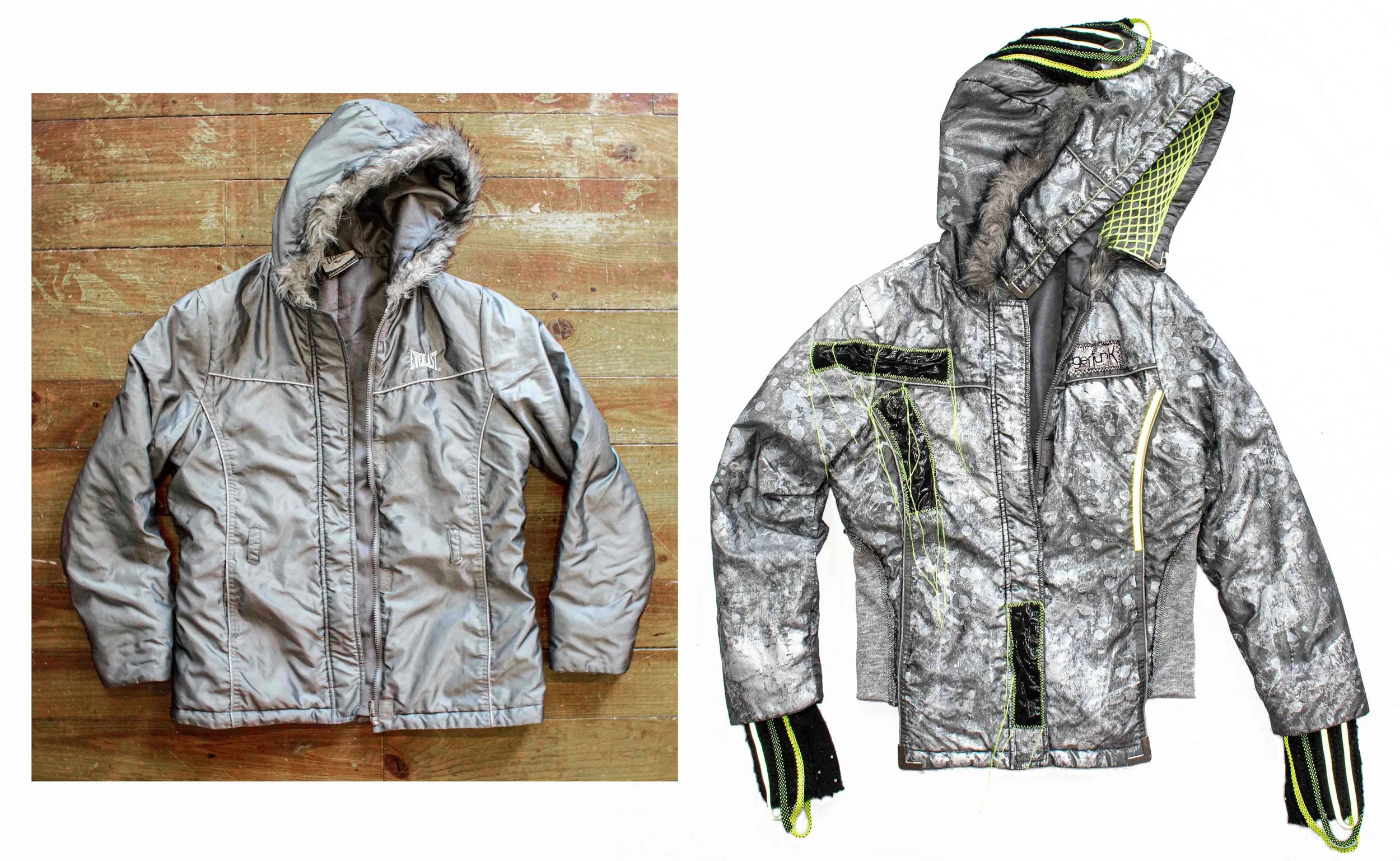 Two metallic jackets with hoods, one on a wooden floor and one on a white background.