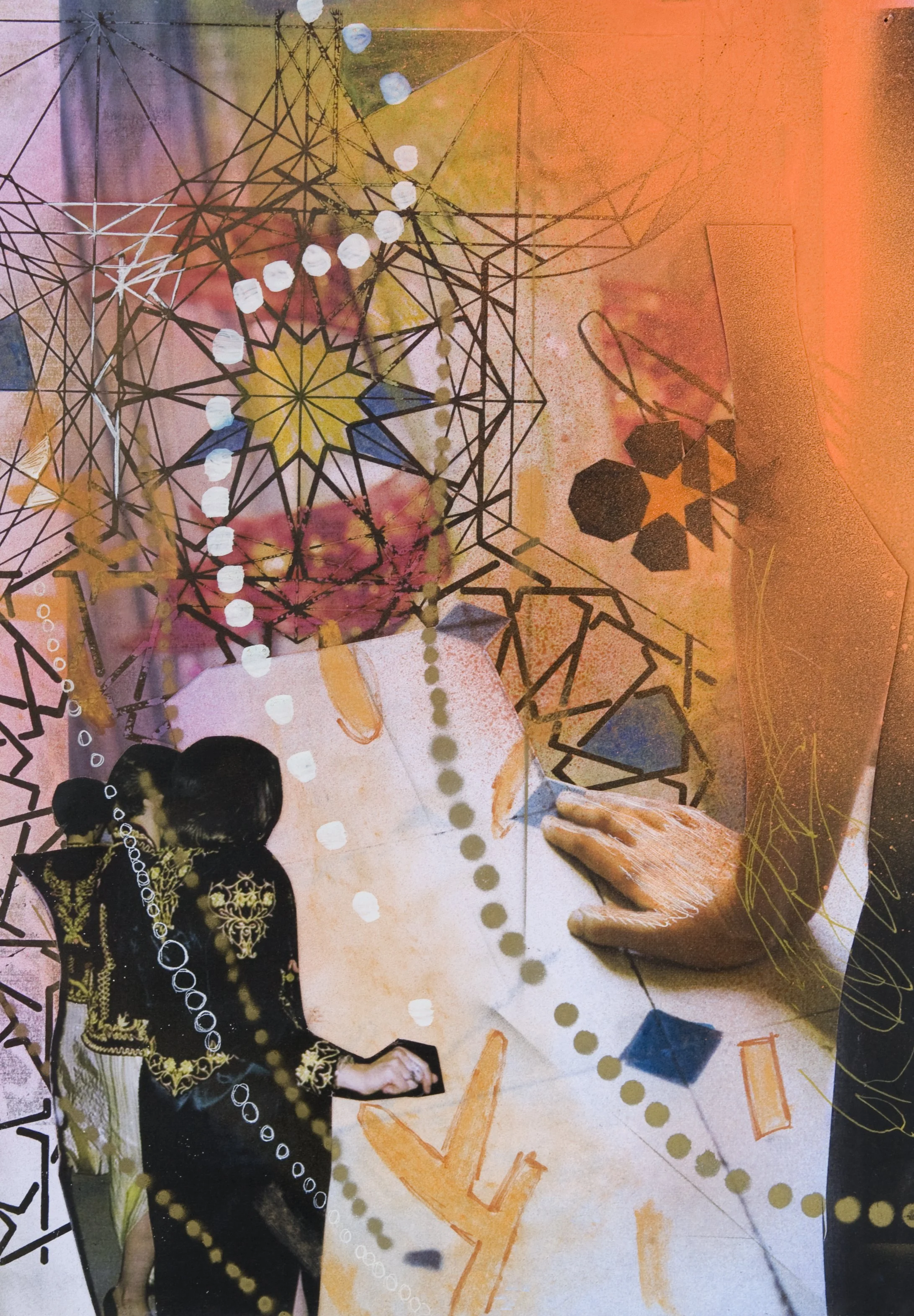 A collage of intricate geometric designs, a person in a black and gold ornate dress holding a coffee cup, and a large hand with painted nails, with colorful abstract and geometric elements overlaid.