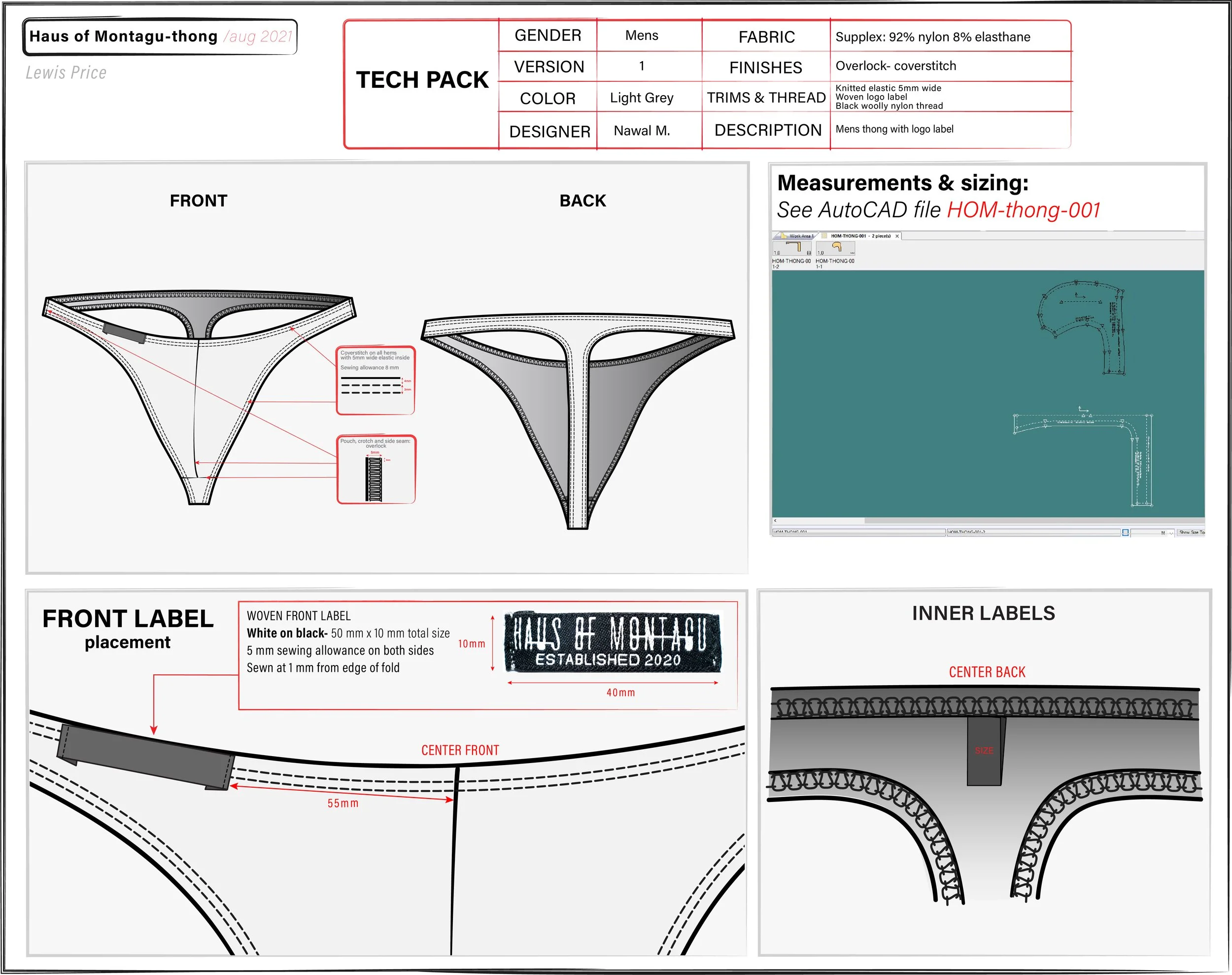 Technical drawing and specifications for a pair of men's thong underwear