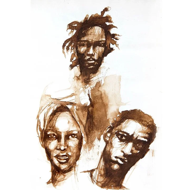 Artistic sketch of three diverse people's faces in brown tones.