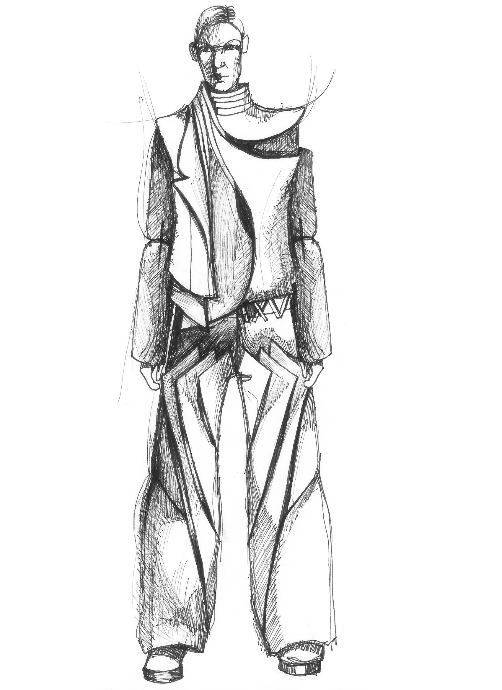 A fashion sketch of a person wearing wide-leg pants, a layered jacket, and a turtleneck, with short hair and glasses.