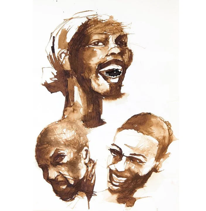 Watercolor portrait of three laughing people, two men and one woman, with expressive faces.