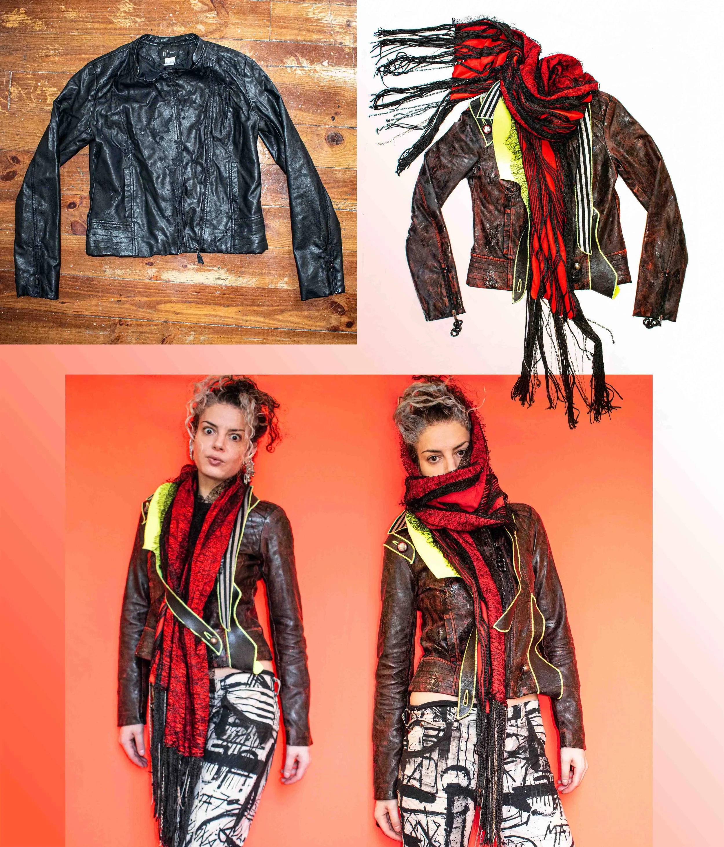 Nawal Mrabet Paris hand made upcycled faux leather jacket, hand painted, sustainable fashion, mode circulaire ethique éco recyclée