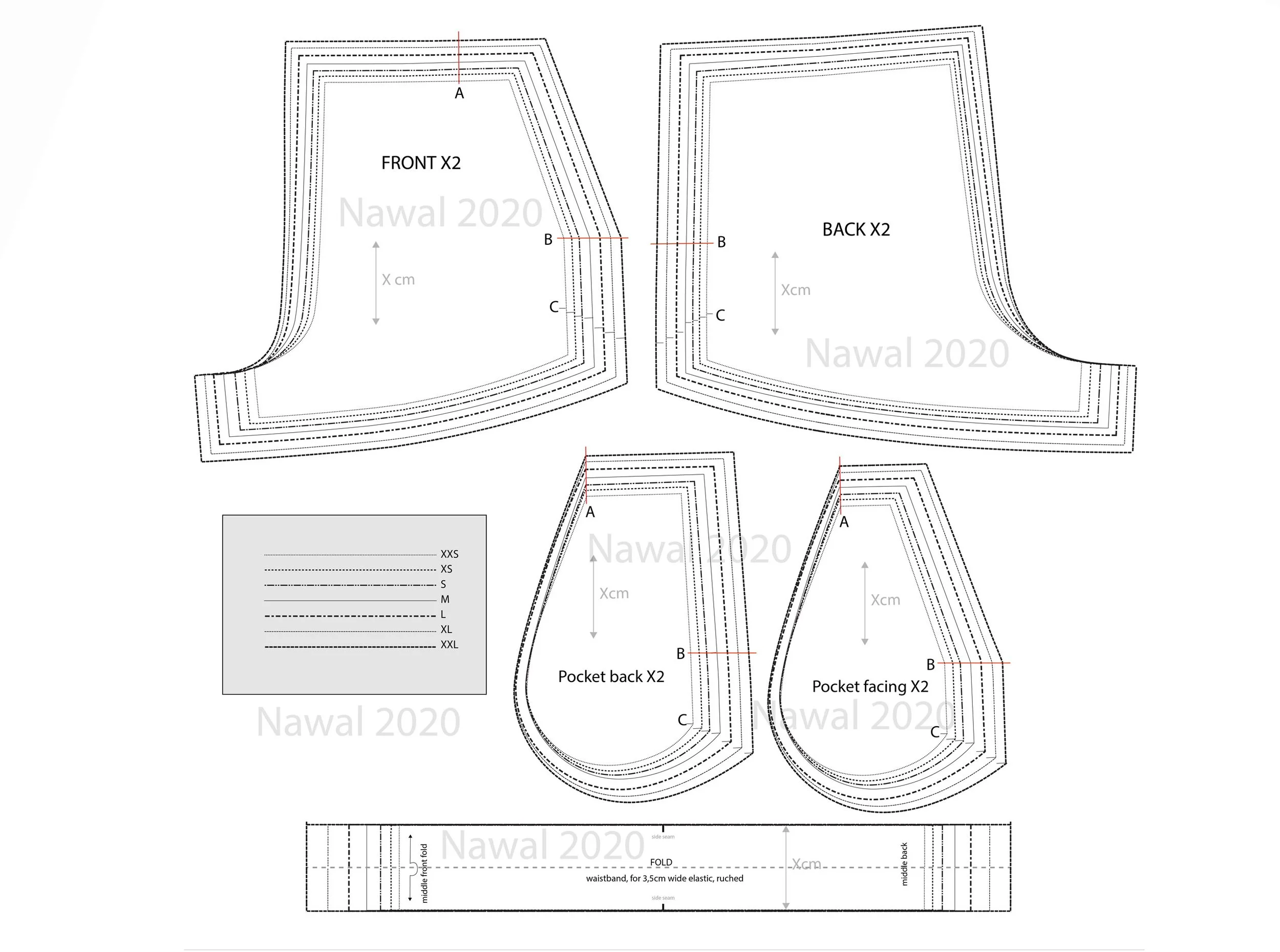 Pattern for sewing a garment with measurements and size options, including front, back, pocket back, and pocket facing pieces, marked with size lines from XXS to XXL.