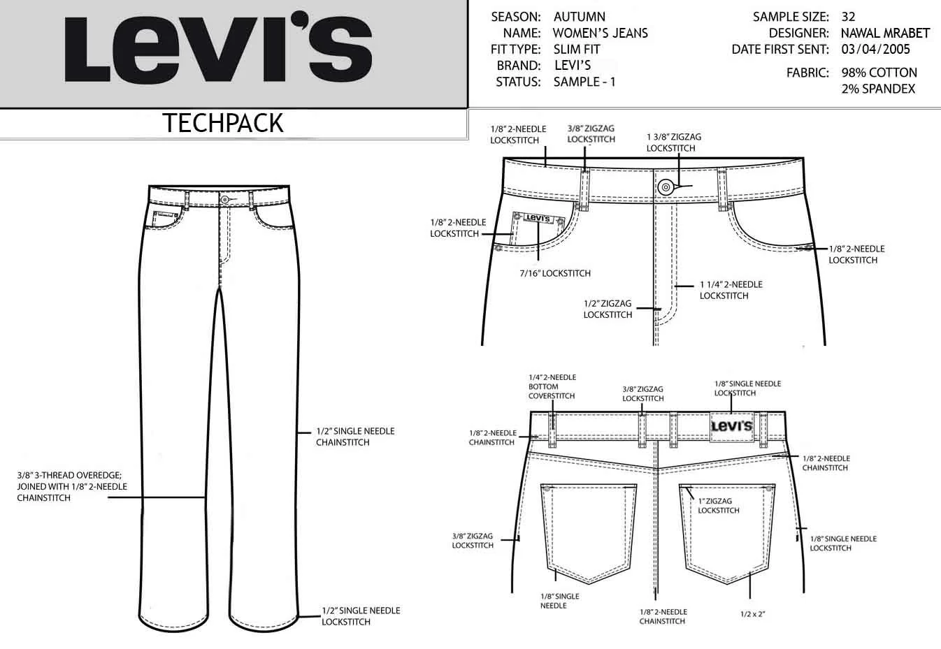 Technical drawing of Levi's women's jean