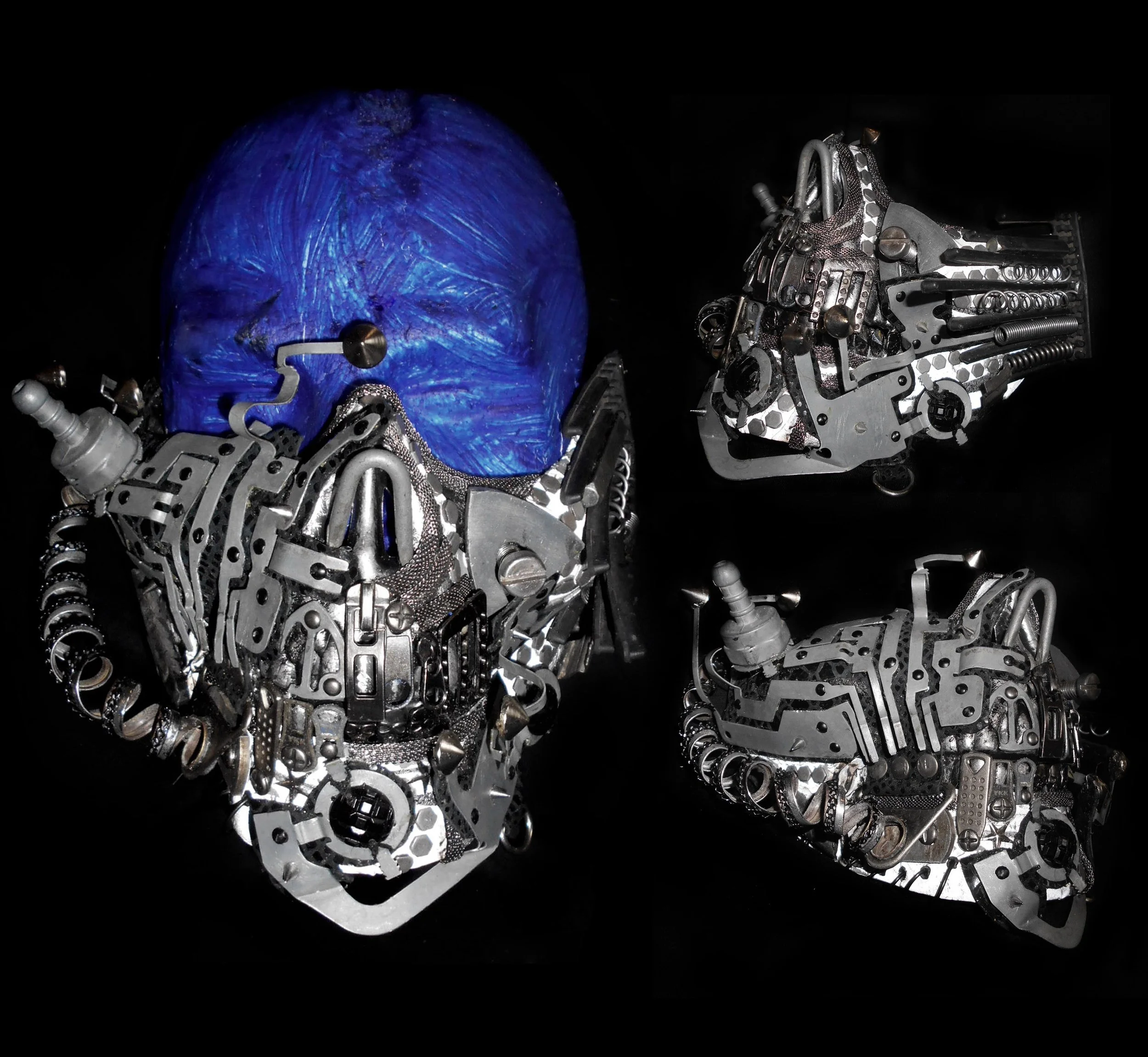 Nawal Mrabet mask, skull, recylced metal, cyber punk, futuristic, avant garde, hand made upcycled sustainable fashion, mode circulaire recyclée, masque sur mesure Paris