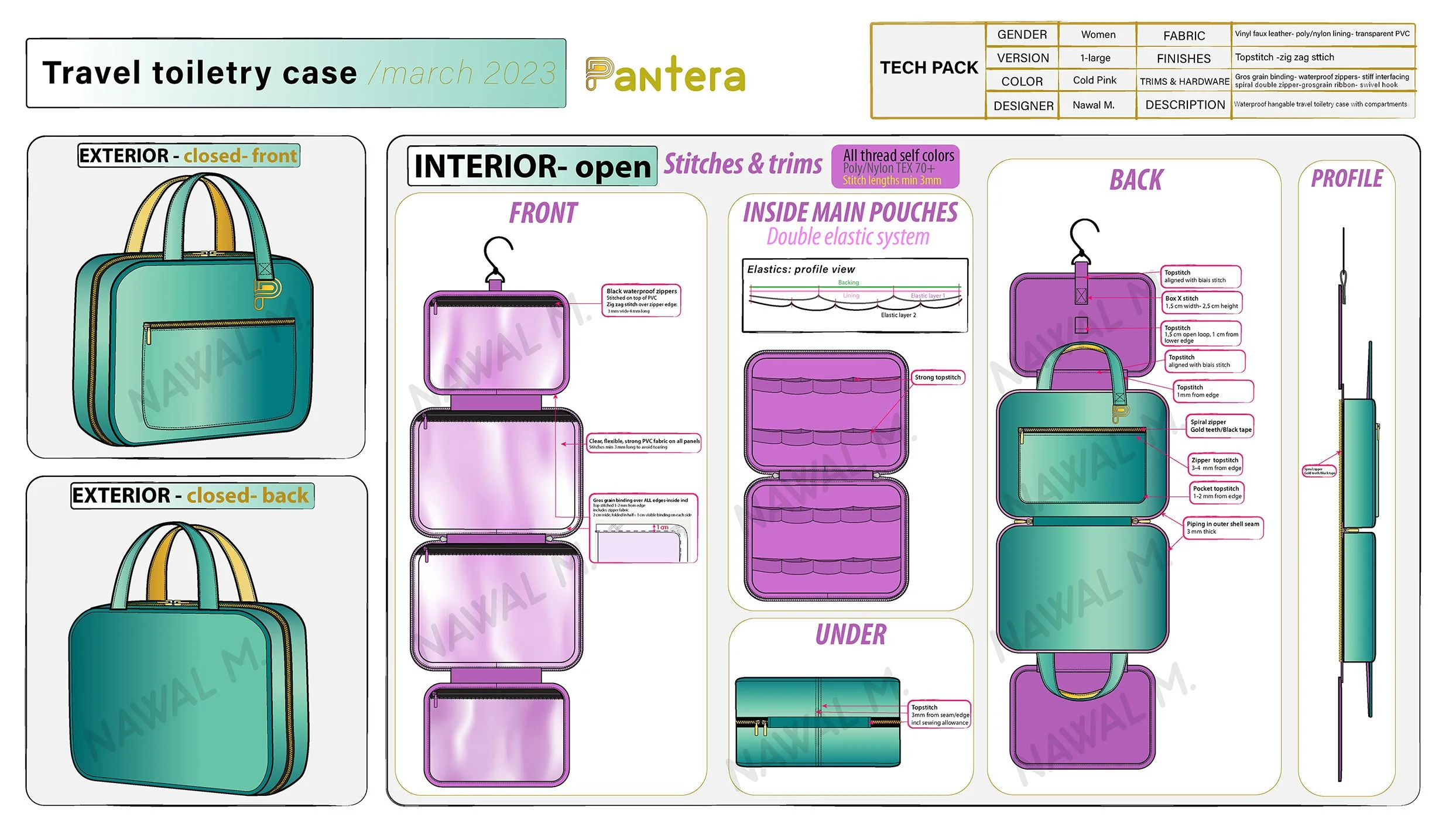 Design plan for a travel toiletry case in March 2023, showing front and back views, interior details, and stitching specifications. The case is teal with yellow handles, waterproof zippers, and various interior pockets.