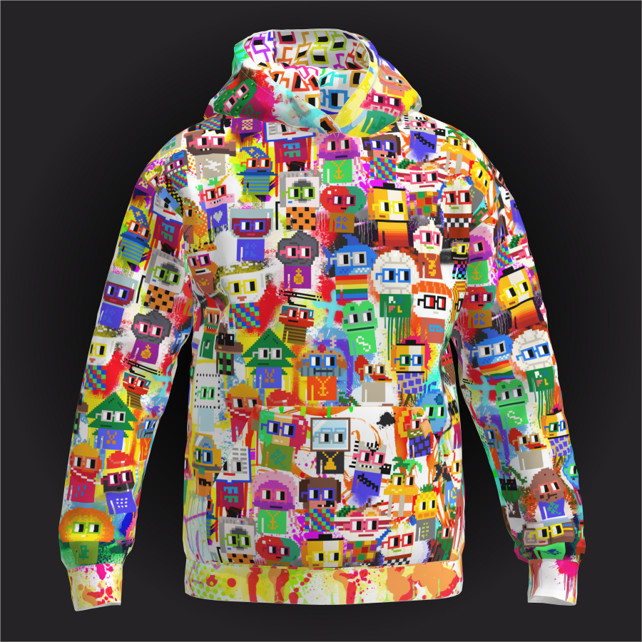 Colorful hoodie featuring a pixel art design of various cartoon characters with glasses, organized in a grid pattern, against a dark background.