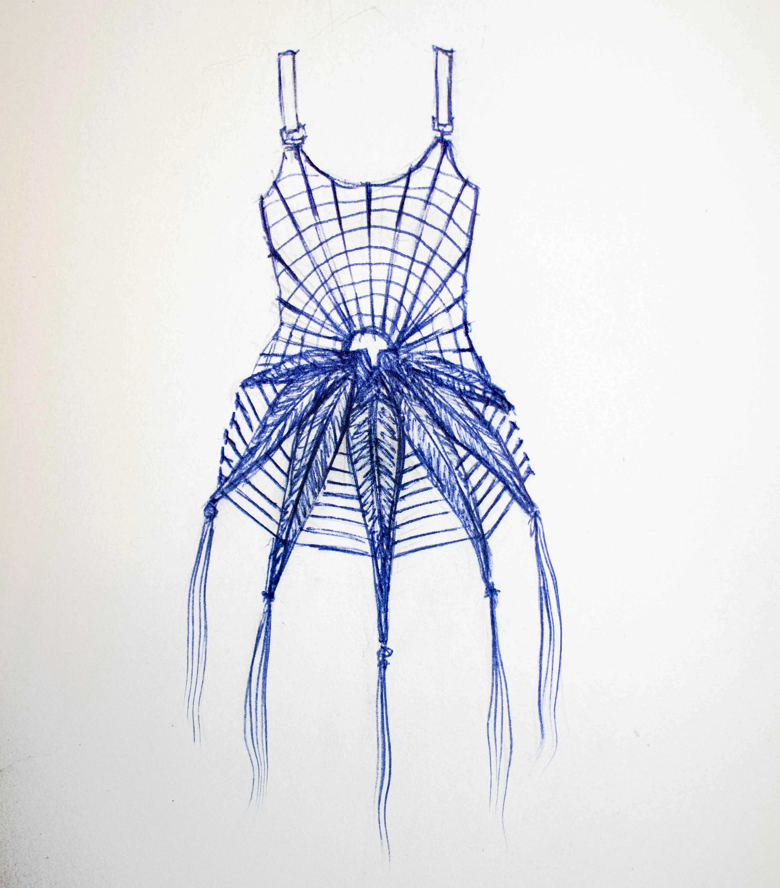 Hand-drawn sketch of a dress combining a spider web and a leaf design, secured with two straps at the top.