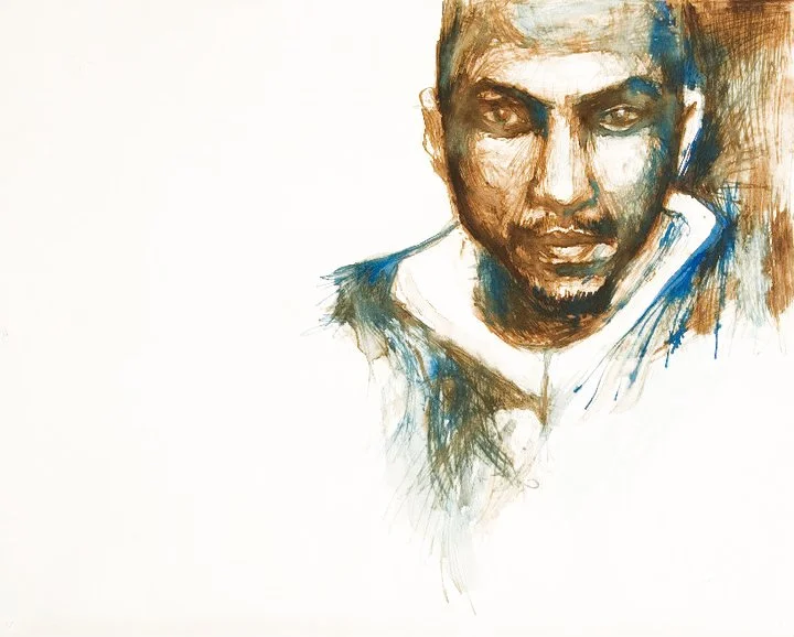 A watercolor-style portrait of a young man with dark hair and a serious expression, wearing a collared shirt.