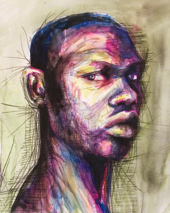 A colorful portrait of a man with a serious expression, featuring bold brushstrokes and vibrant colors like purple, pink, yellow, and blue.