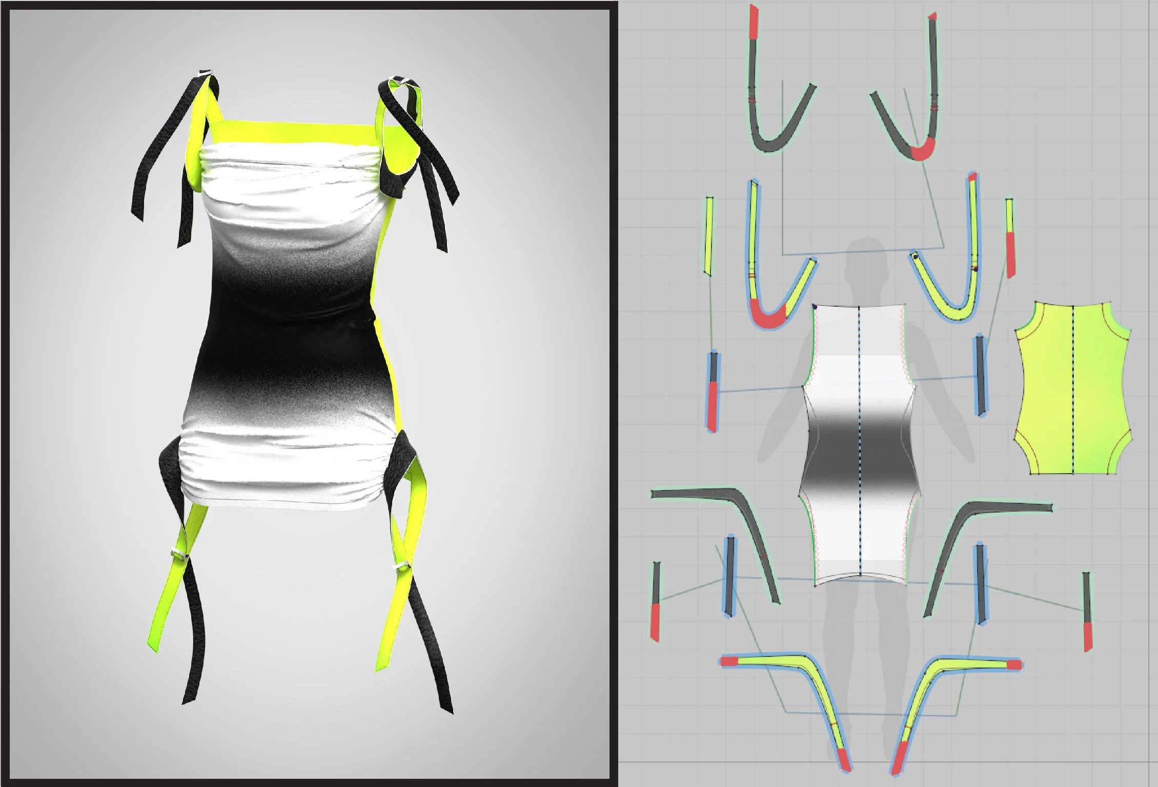 A digital rendering of a sleeveless top with a gradient from black to white, featuring yellow straps and side accents, displayed on a mannequin, alongside a 3D pattern design with contour lines and color-coded segments.