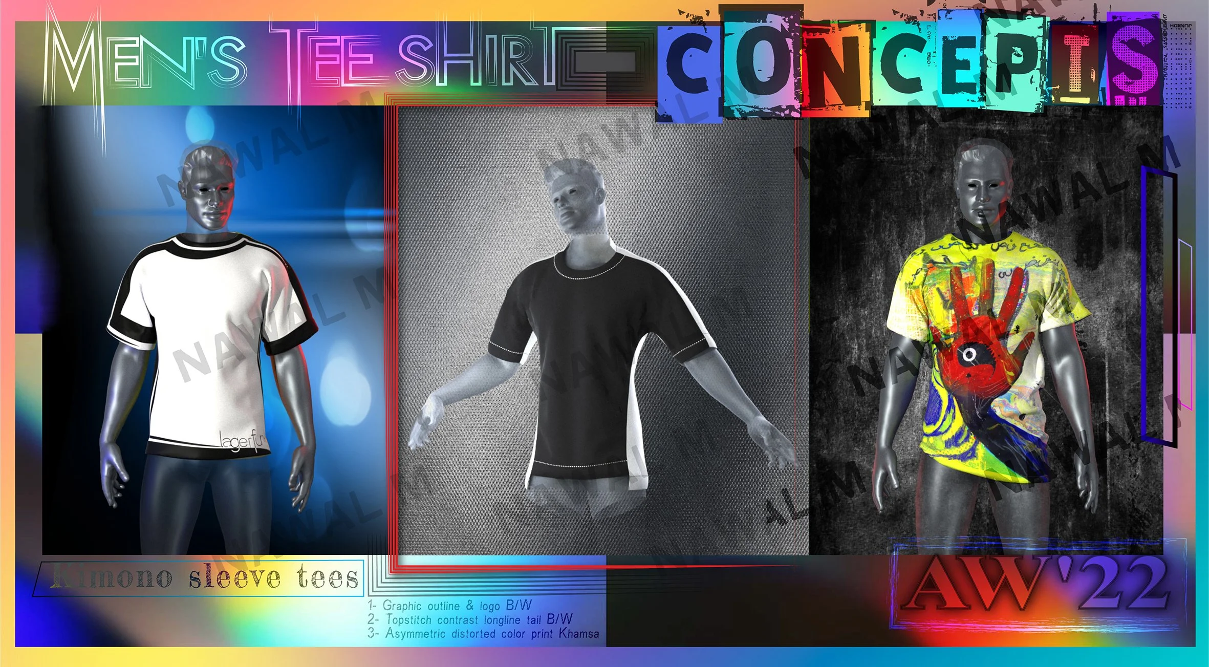 Promotional graphic for men's T-shirt collection for a concert, featuring three mannequin displays wearing different T-shirts with contrasting designs and colors, with colorful text and design elements, including the words 'Men's TEE SHIRT,' 'CONCERT