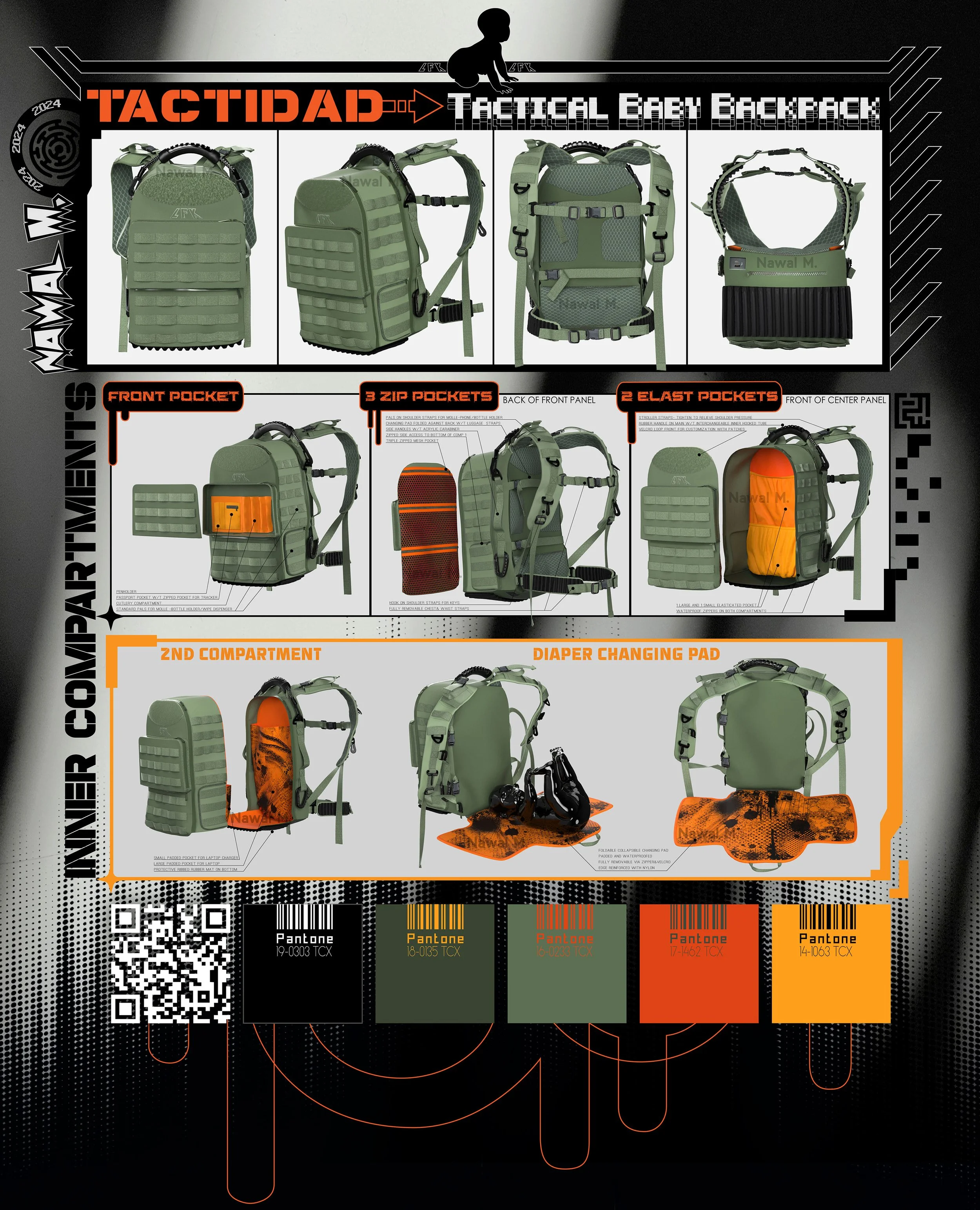 Infographic displaying a tactical baby backpack and its compartments, including front pocket, three zip pockets, two elastic pockets, second compartment, and diaper changing pad, with color chart at the bottom.