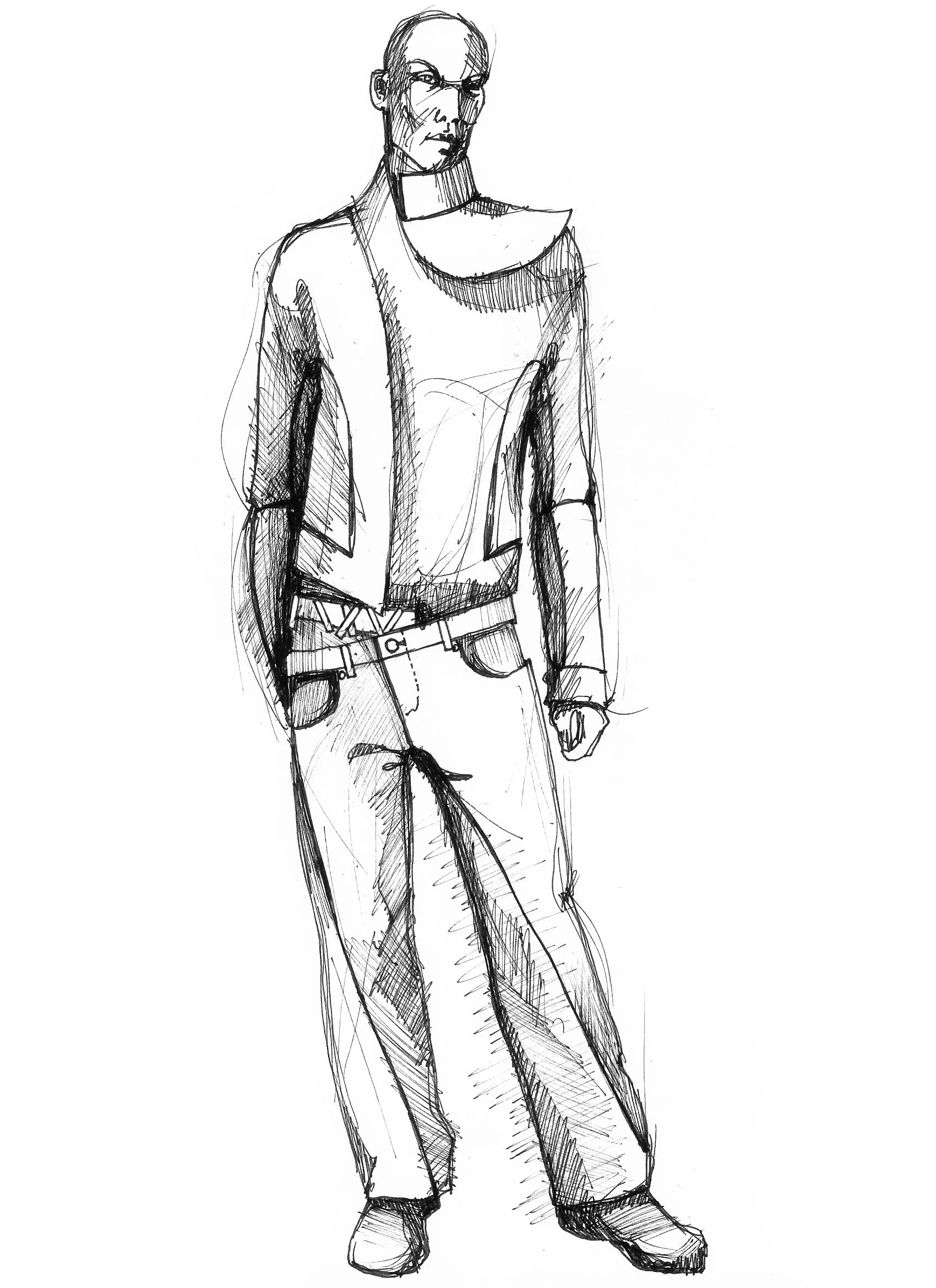 A black and white sketch of a man with a stern expression, wearing glasses and casual clothing, standing with his hands in his pockets.