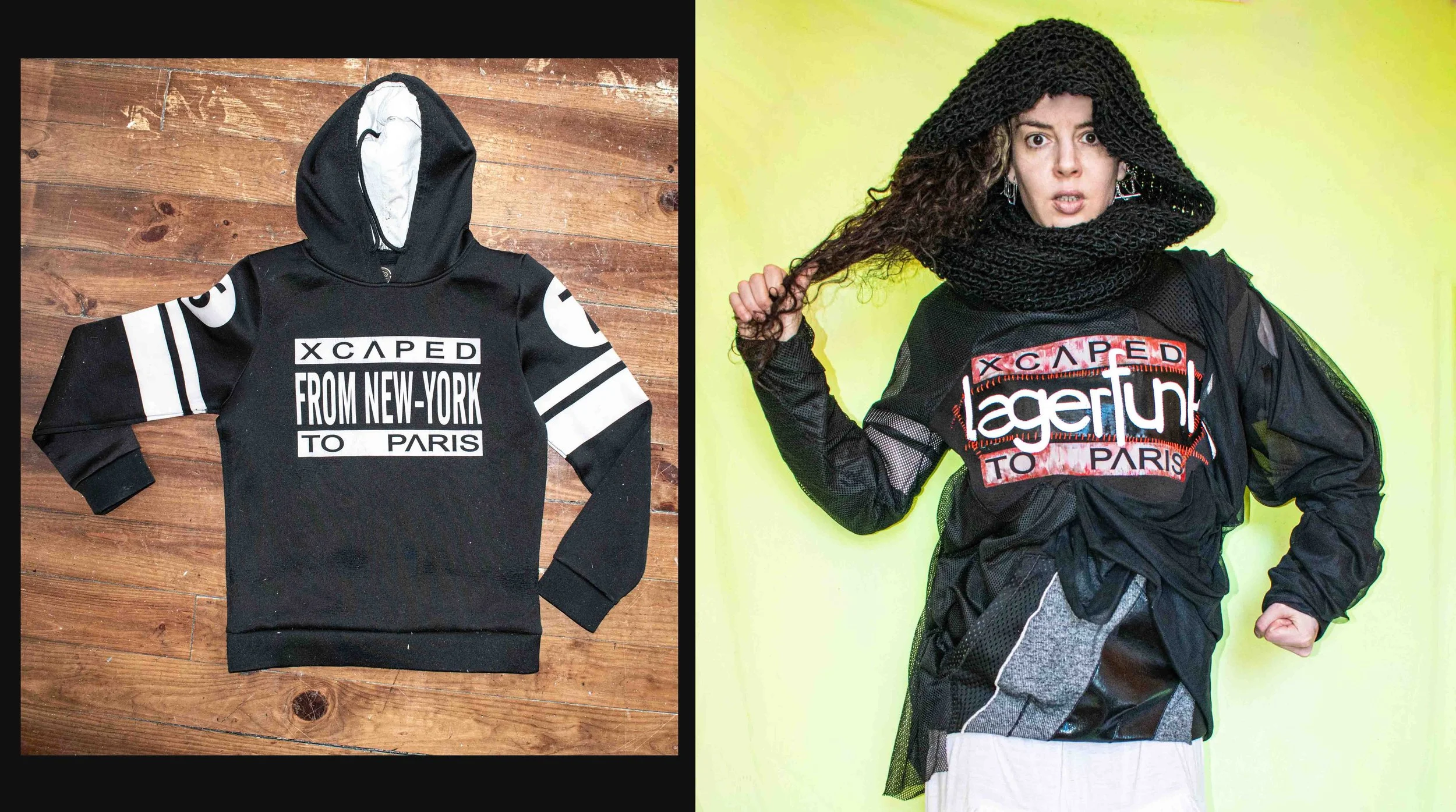 Collage of two fashion photos. Left side shows a black hoodie with white text and design, laying on a wooden surface. Right side features a woman with curly hair wearing a black oversized jacket with graphic text, accessorized with earrings, posing w