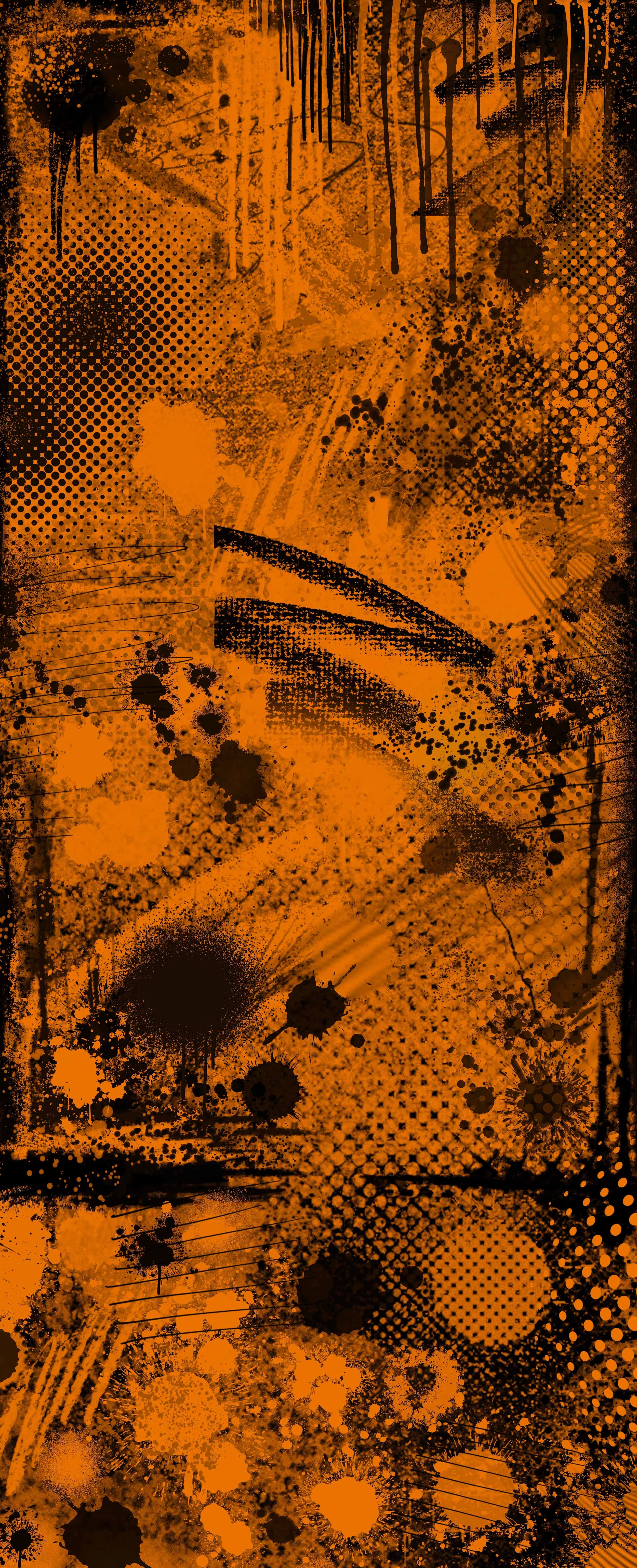 Distressed punk blotch splatter grafitti paint drip orange black textile all over print