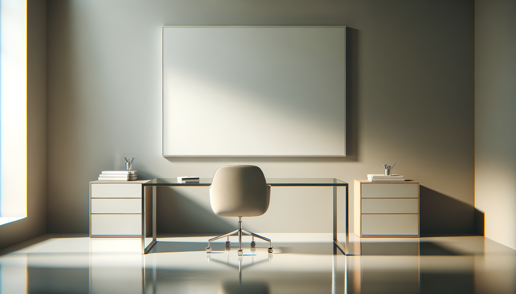 Bureau minimaliste avec une chaise beige, un grand miroir en cadre argent, deux meubles de rangement avec tiroirs, et une surface de travail en verre, dans une pièce lumineuse.