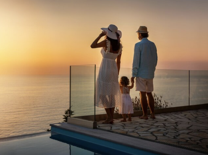 Une famille regardant le coucher de soleil depuis une terrasse avec vue sur la mer, avec une clôture en verre.