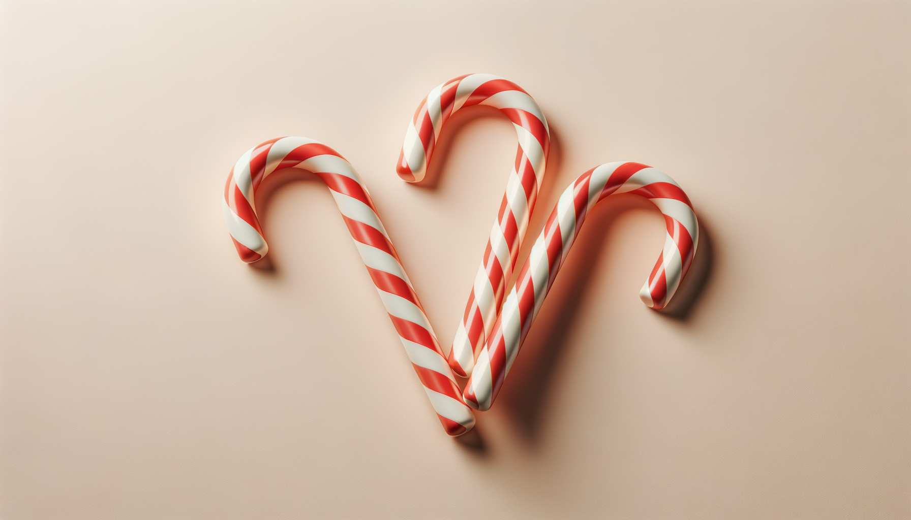 Three red and white striped candy canes arranged in a heart shape on a light pink background.