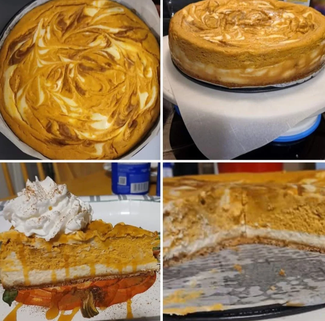 A collage of four photos of a baked double layer pumpkin cheesecake  with a swirled topping, shown from various angles, with a slice served on a plate topped with whipped cream and caramel sauce.