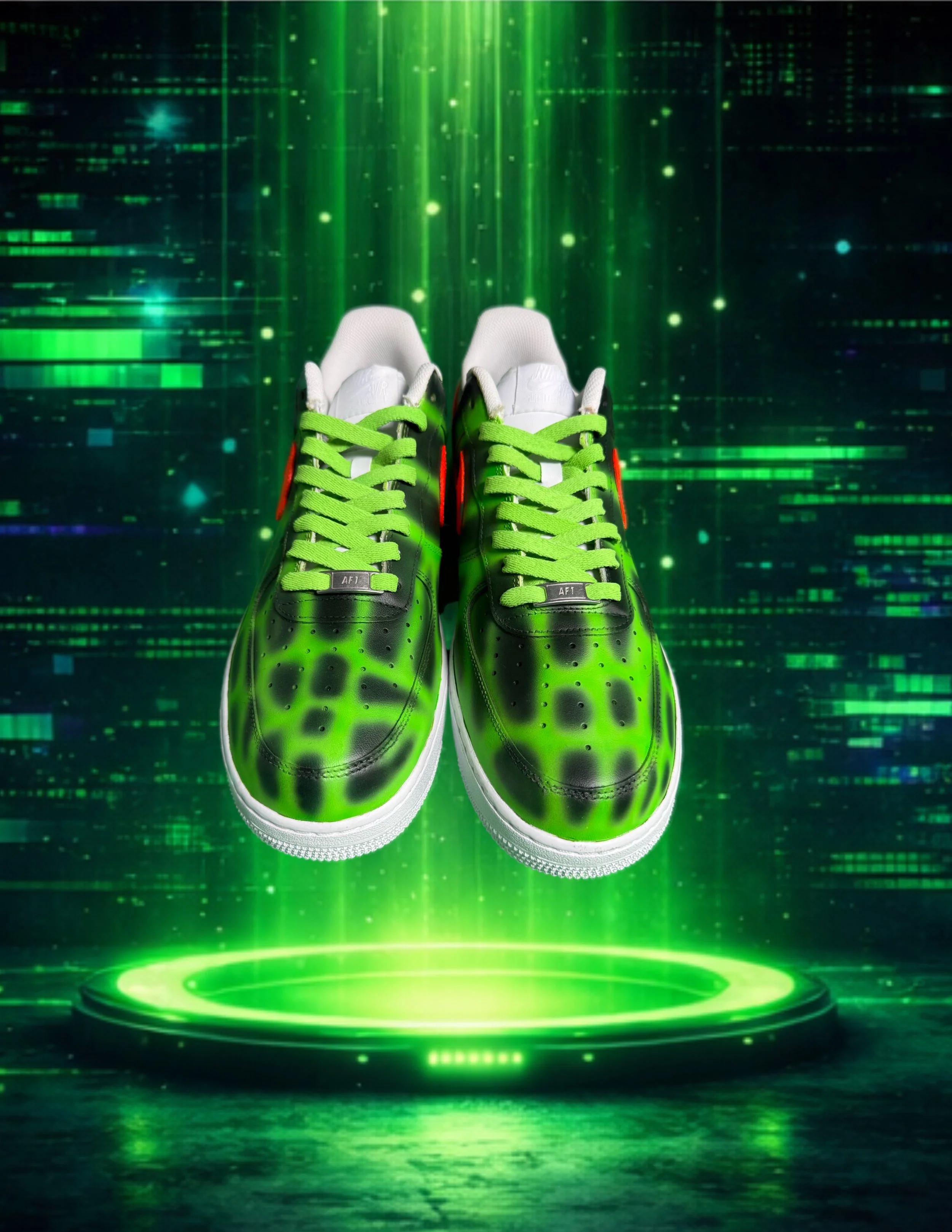 Pair of green and black sneakers with white soles and neon green laces, displayed on a digital green-themed background with holographic effects.