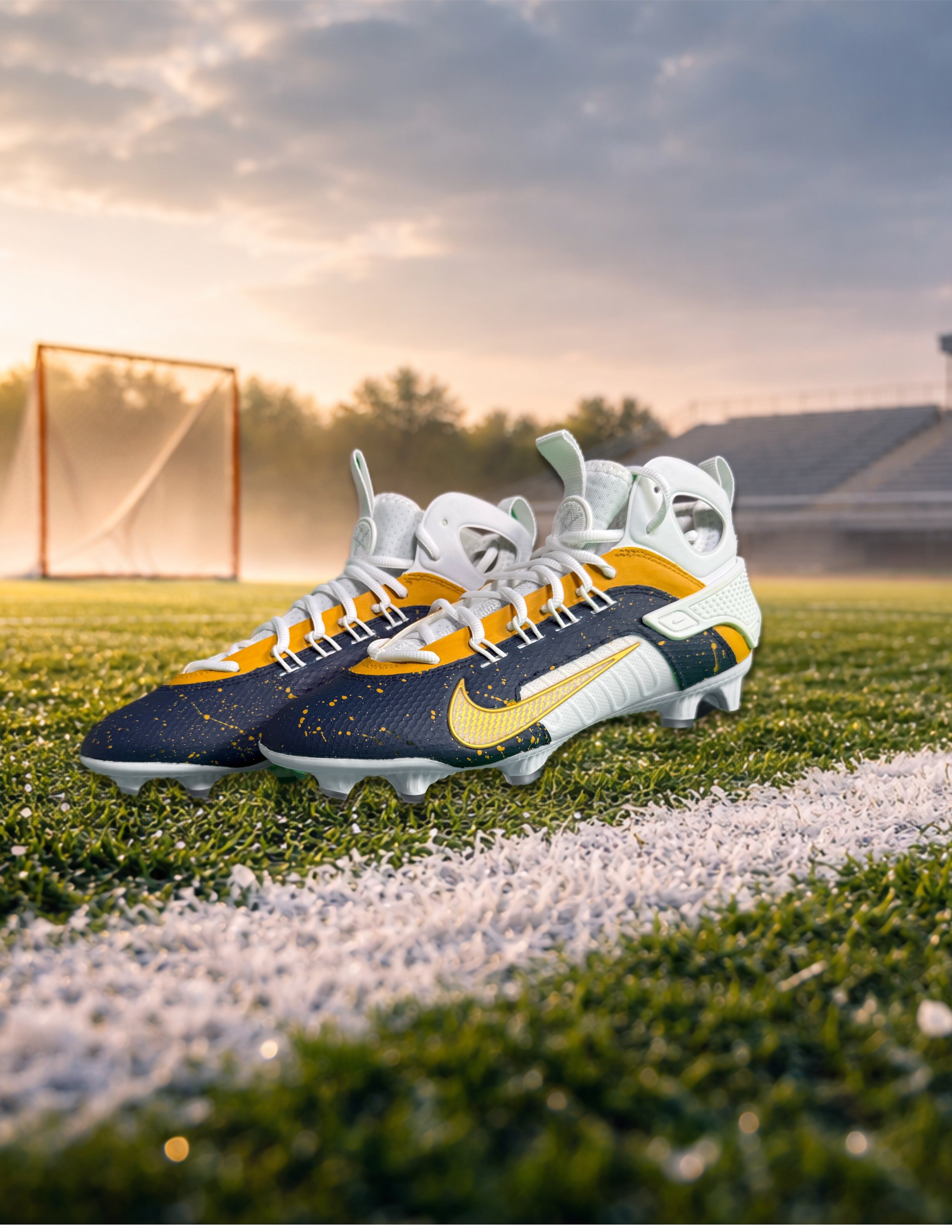Pair of Nike football cleats on a grassy field with a goalpost in the background during sunset.