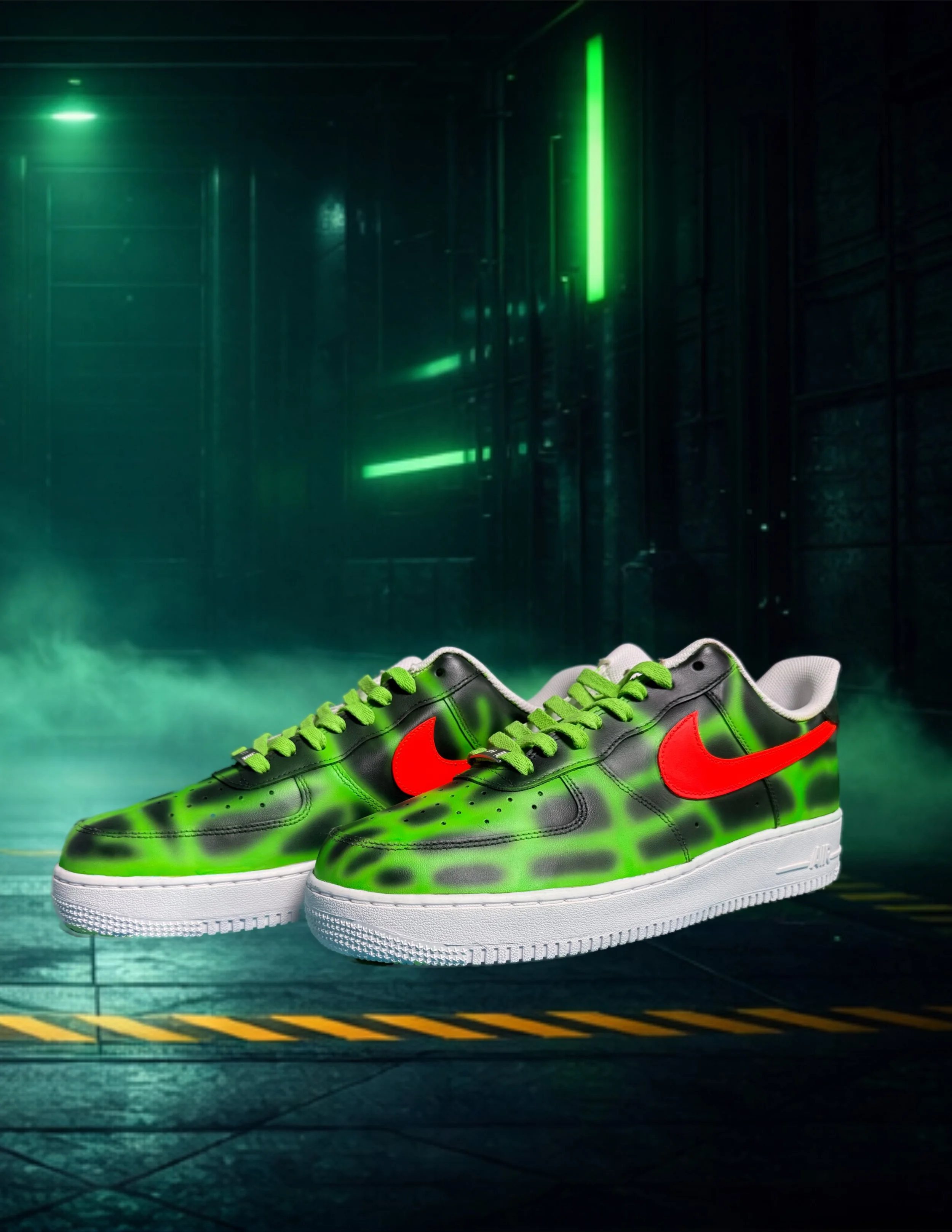 Pair of green and black Nike sneakers with red swoosh design on a dark, futuristic background with green neon lights and fog.