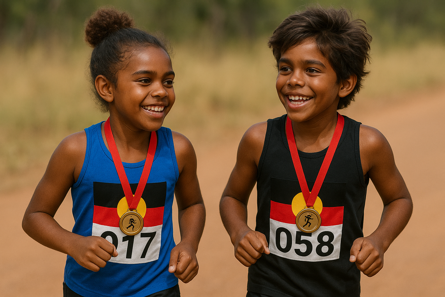 Two children participating in a running race, wearing medals and race bibs with numbers 017 and 058, smiling and running on a dirt track.