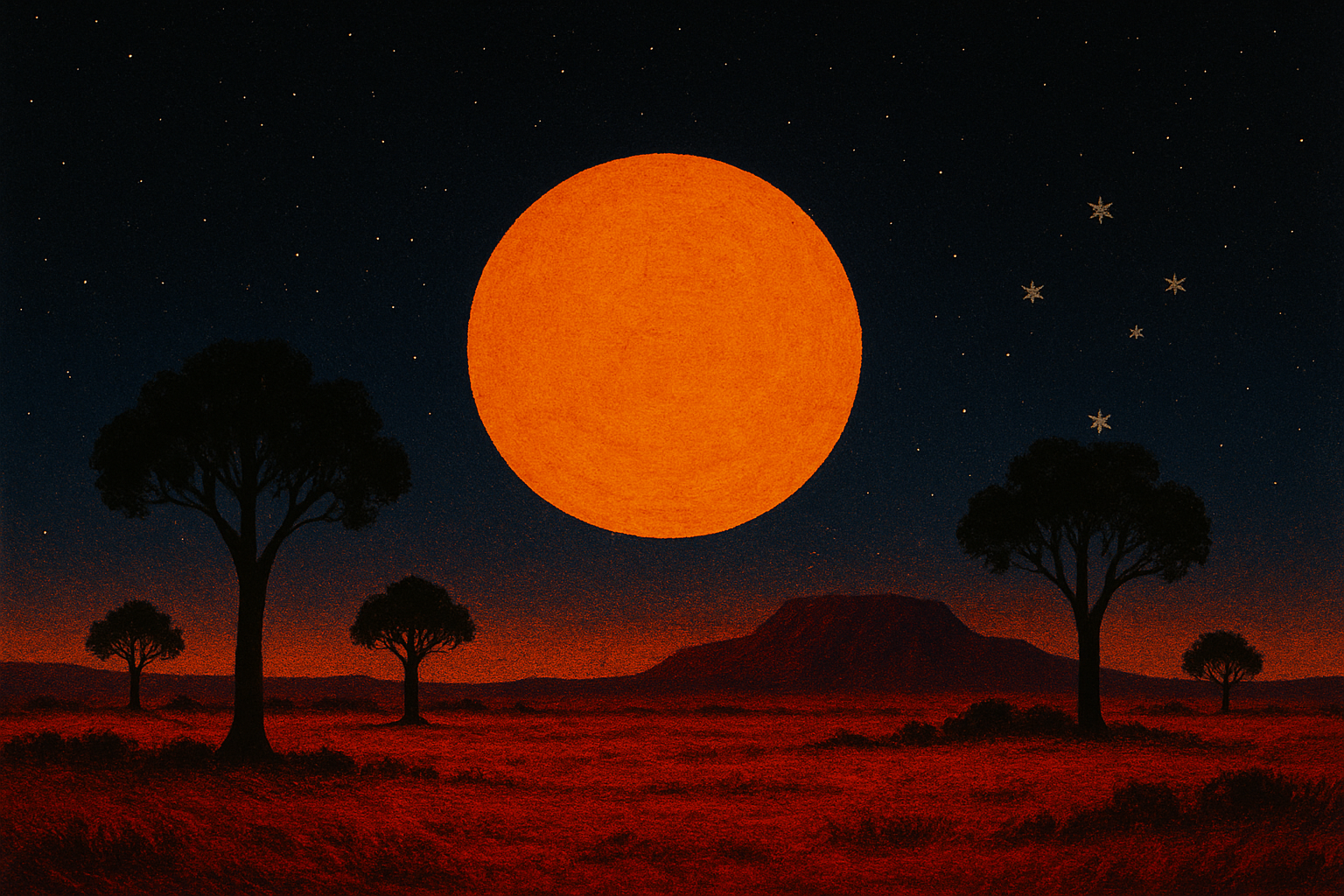 An artistic depiction of a large orange sun in a dark night sky with stars and snowflakes, silhouettes of trees, and a mountain in the background.