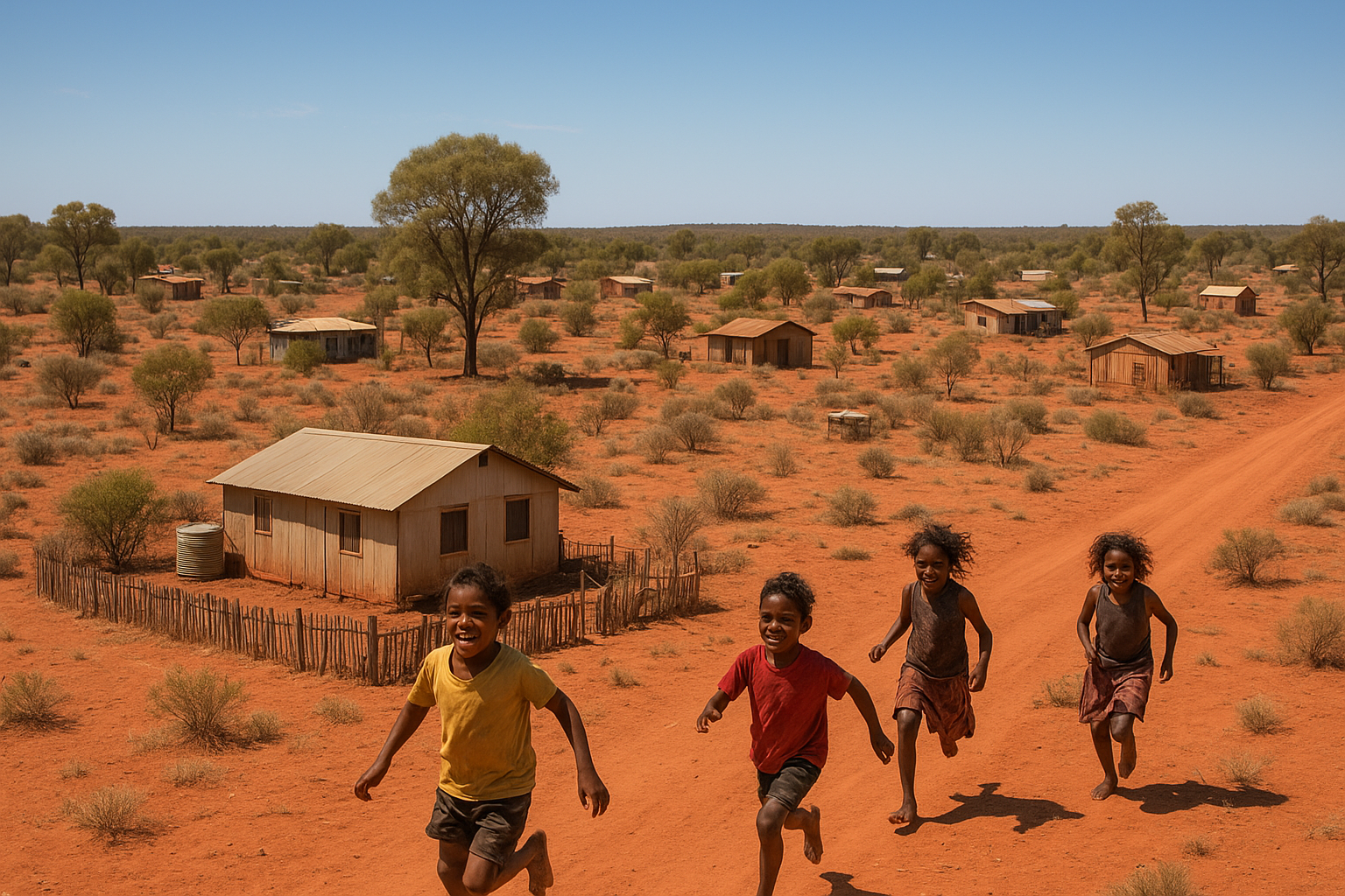 Four children laughing and running on a dirt path in a remote desert village with sparse bushes and simple wooden houses under a clear blue sky.