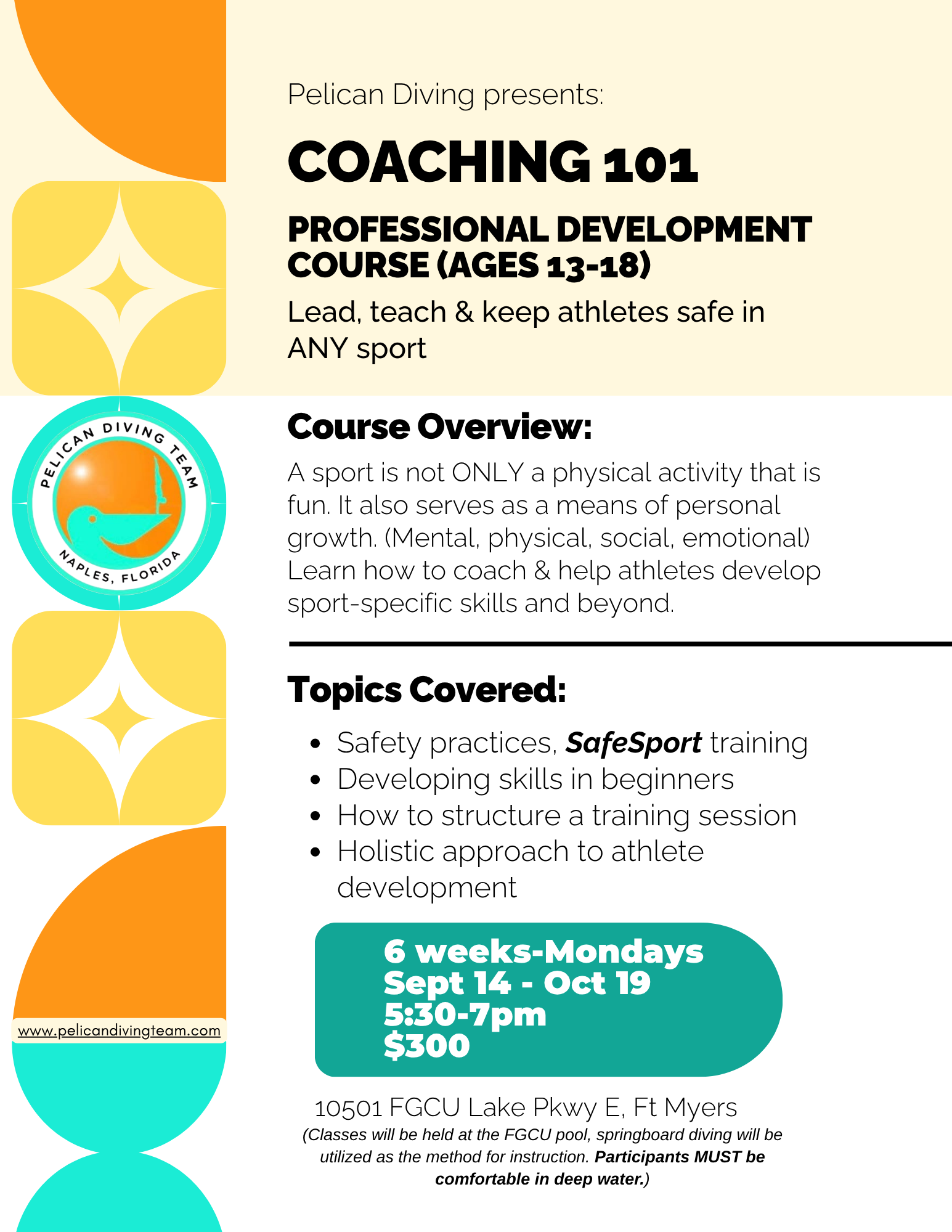 An informational flyer for Pelican Diving presents a coaching 101 professional development course for aspiring coaches aged 13-18, covering safety practices, skill development, and athlete growth, with details about dates, time, location, and fee.