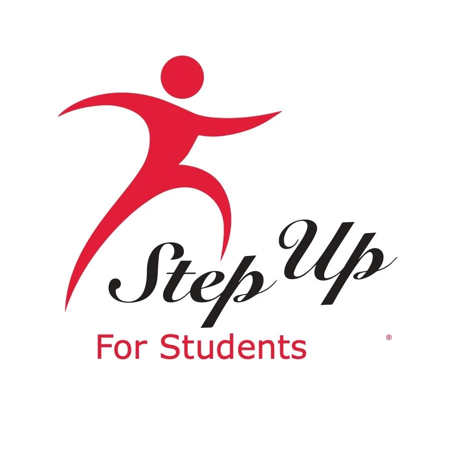 A logo with a stylized red human figure and the text "Step Up" in black script, and "For Students" in red block letters.
