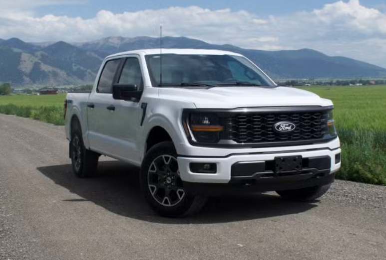 A white Ford pickup truck parked on a gravel road with green fields and mountains in the background.