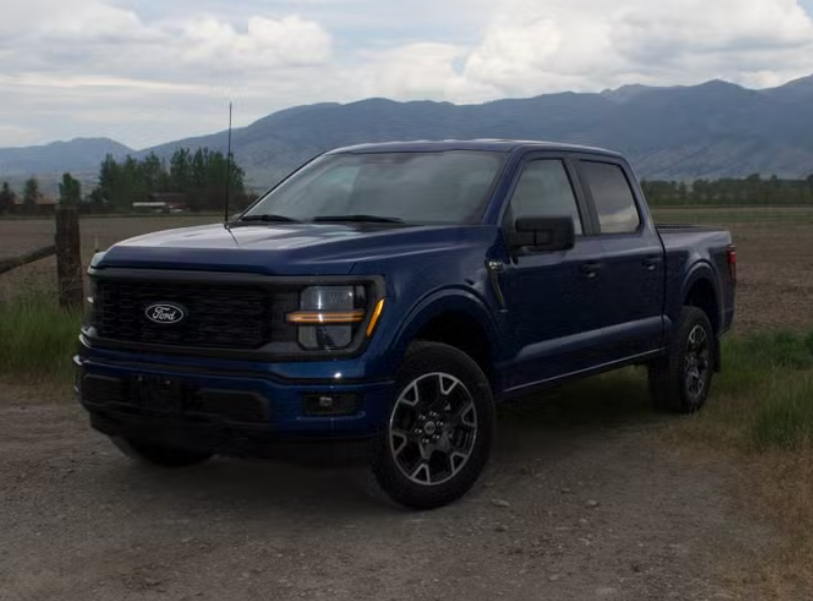 Blue Ford pickup truck parked on a dirt road with mountains and cloudy sky in the background.