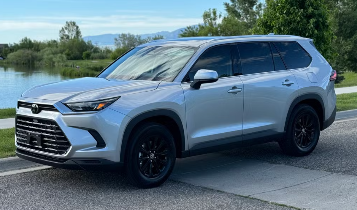 A silver Toyota RAV4 SUV parked by a body of water with trees and mountains in the background.