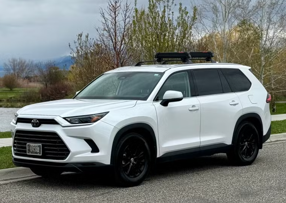 White Toyota SUV parked on a street with trees and mountains in the background.
