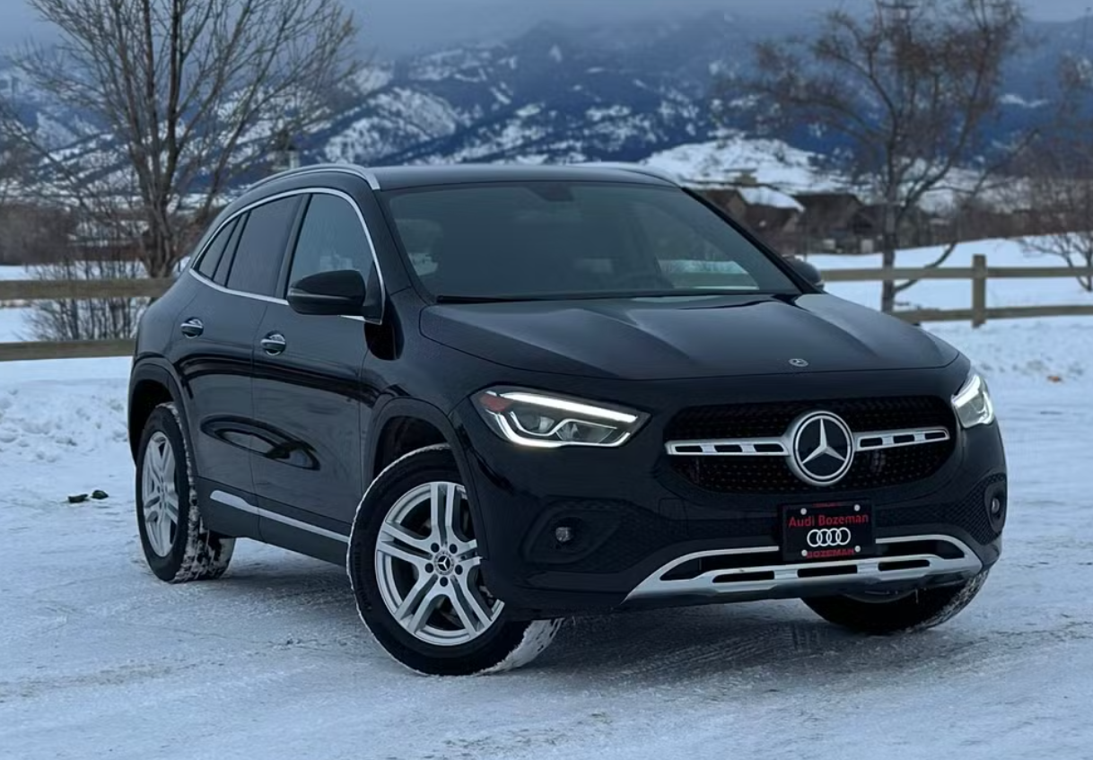 Black Mercedes-Benz SUV parked on snowy ground with mountains and trees in the background.