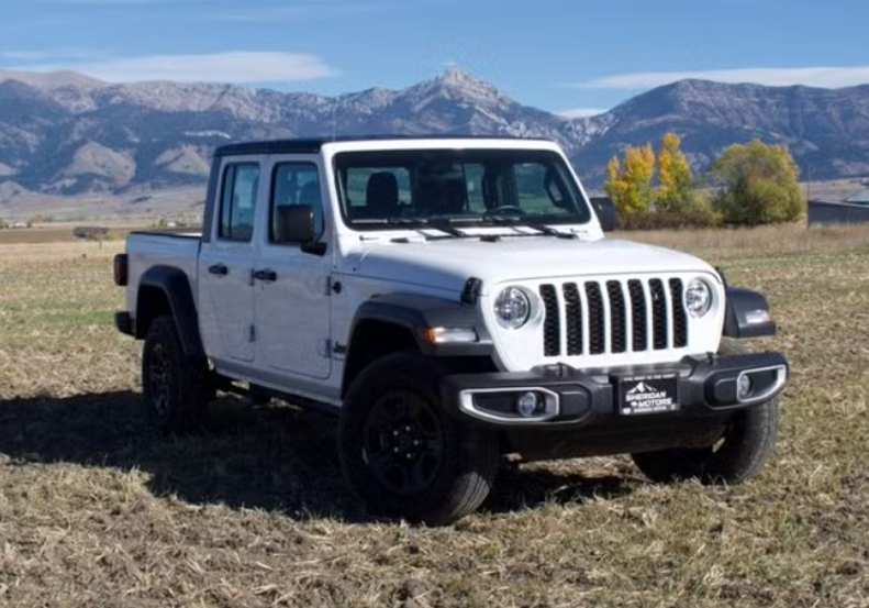 White Jeep pickup truck parked in an open field with mountains and trees in the background.