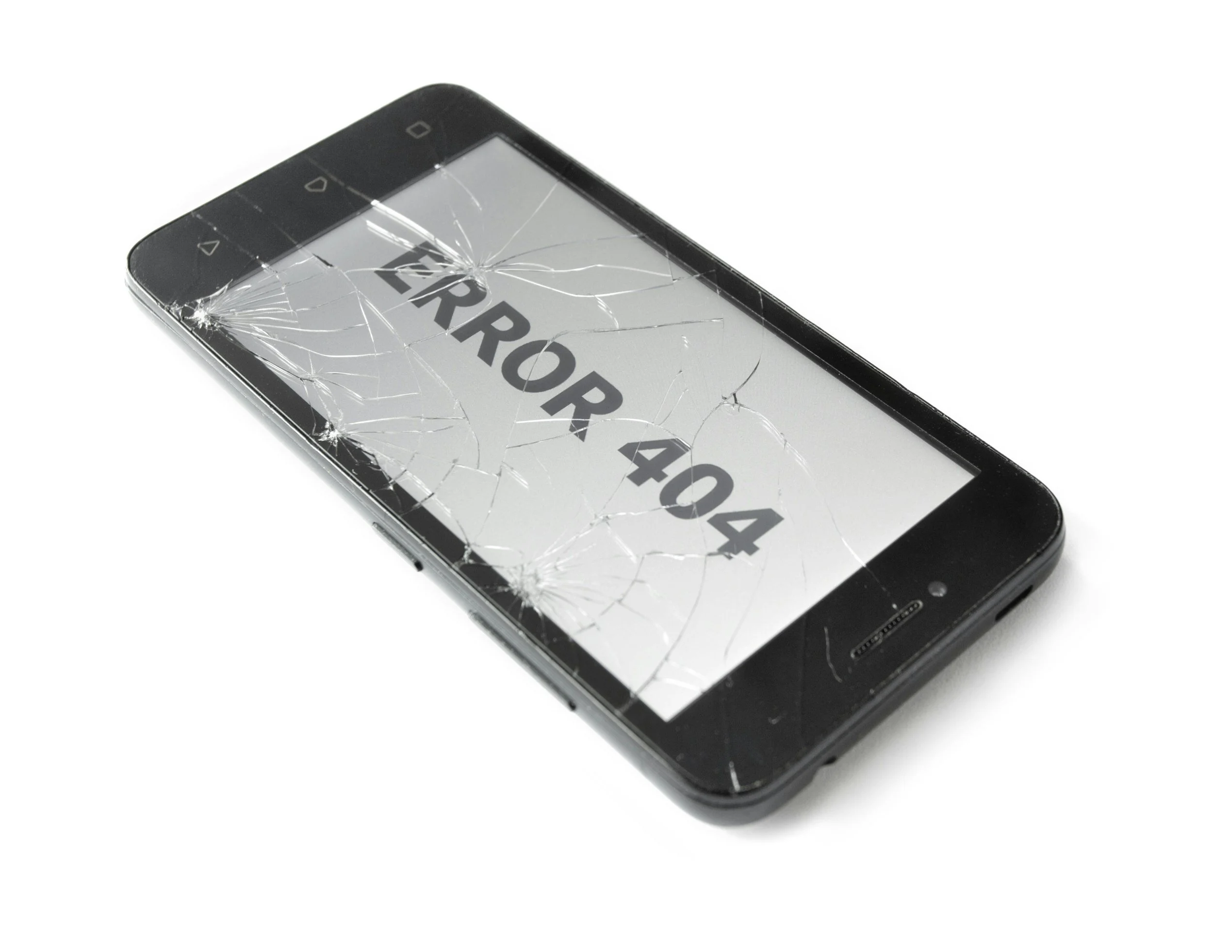 Shattered black smartphone with cracked screen displaying the text 'ERROR 404' in bold black letters on white background.