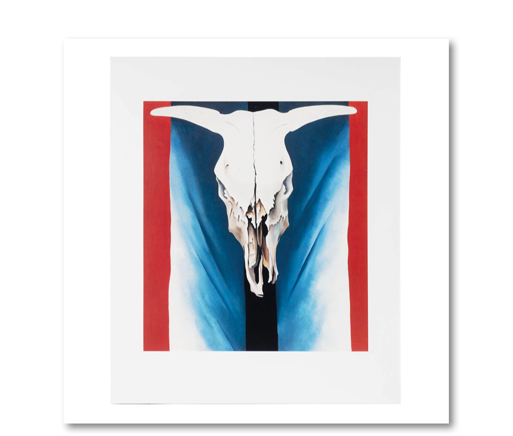 Painting of a cow skull with blue and black background, framed by red borders.