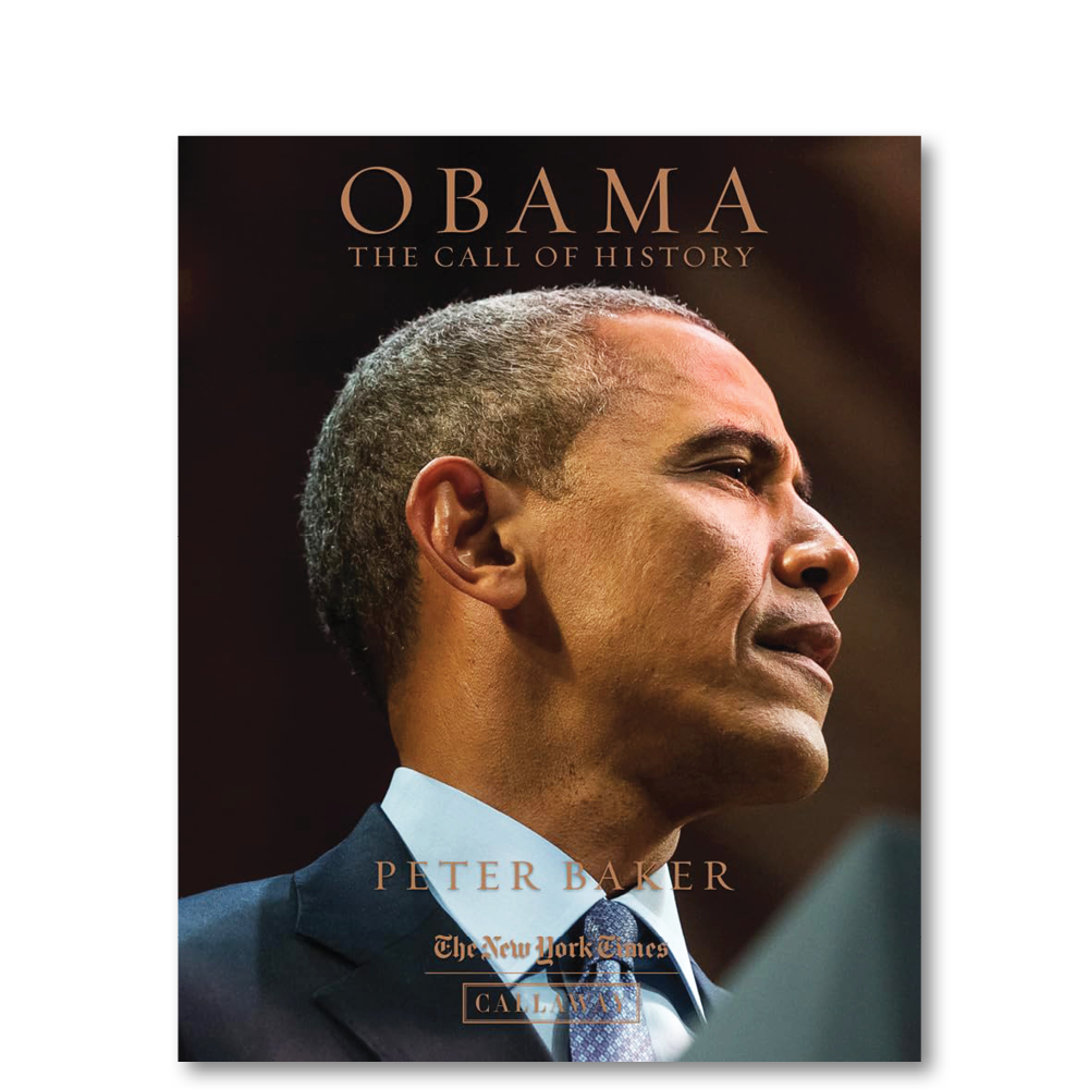 Book cover titled "Obama: The Call of History" by Peter Baker, featuring a profile image of Barack Obama in a suit and tie.