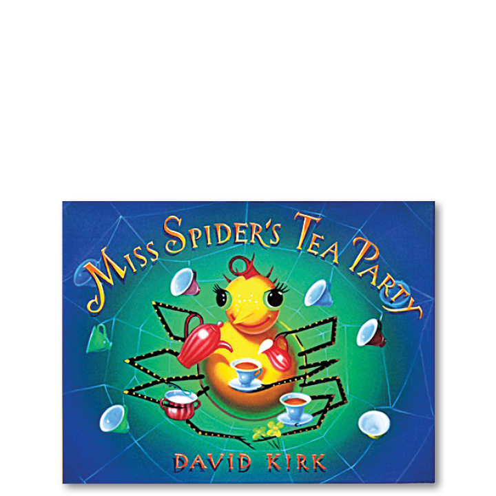 Cover of the children's book titled "Miss Spider's Tea Party" by David Kirk, featuring a cheerful yellow spider with a duck head, surrounded by tea cups and saucers.
