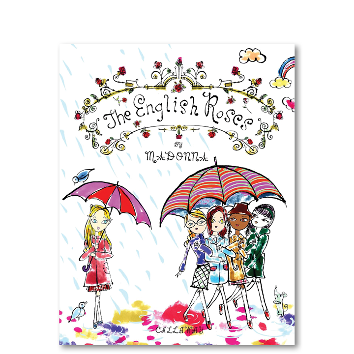 Drawing of four girls holding umbrellas in the rain, with colorful puddles and birds, and the title "The English Roses" at the top.