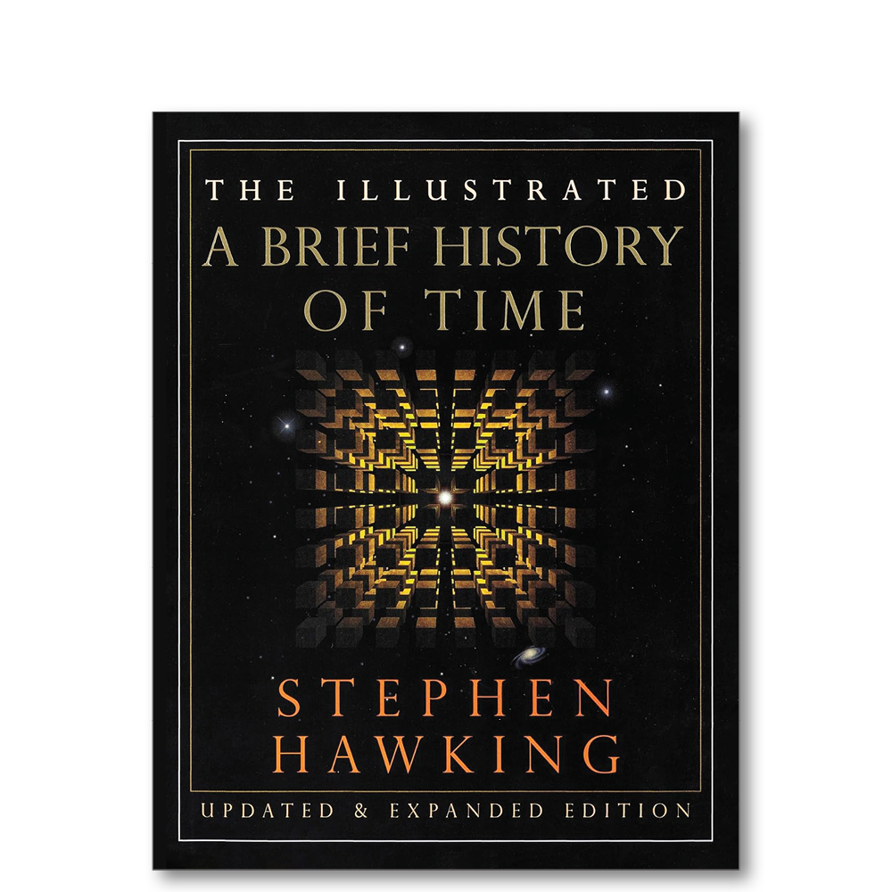 Cover of the book titled "The Illustrated A Brief History of Time" by Stephen Hawking, featuring a space-themed design with geometric patterns and stars.